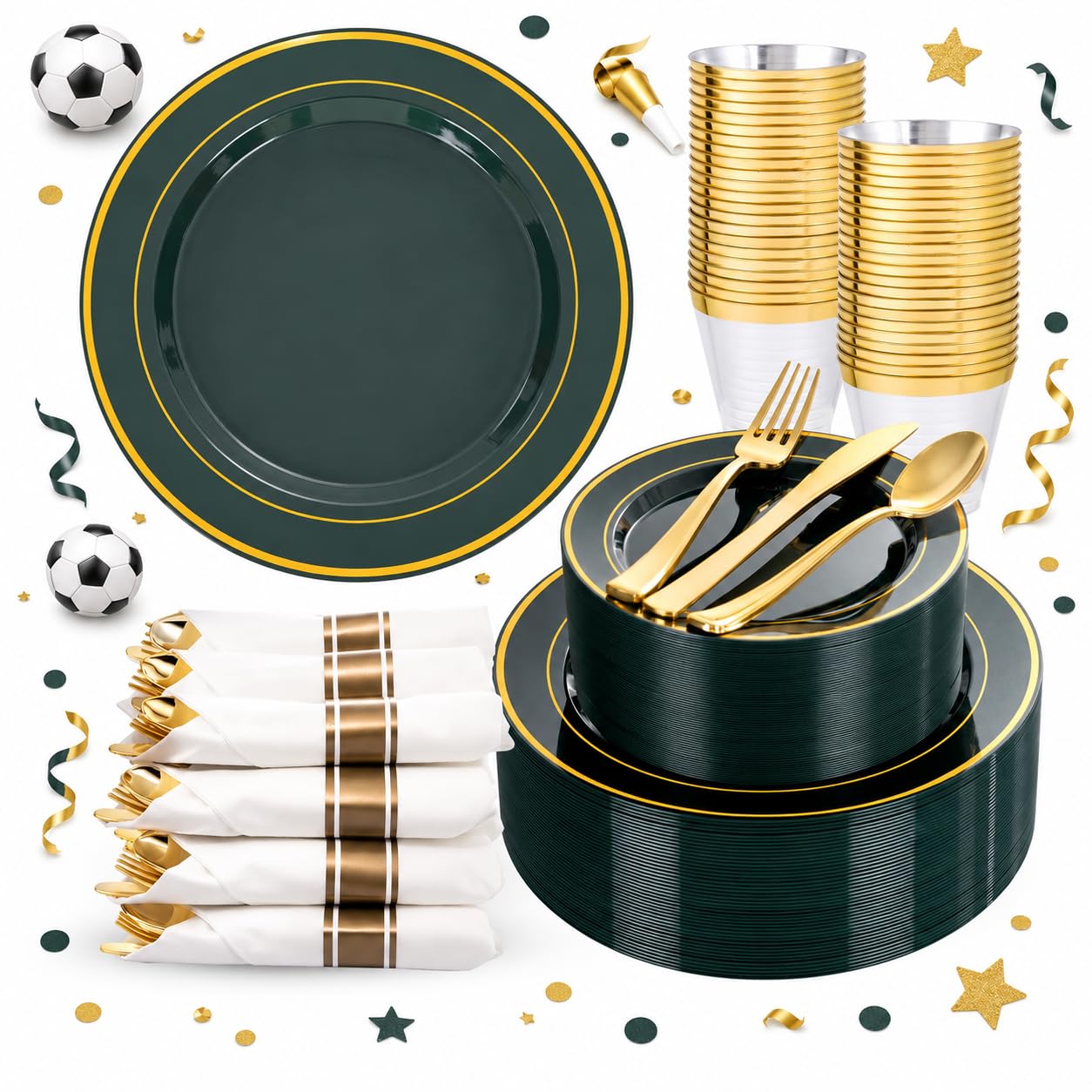 WDF Partyware 350PCS Green and Gold Plates - Green Plastic Plates 50Guests Plastic Plate with Rolled Napkins for Party/Birthday/World Cup 2026