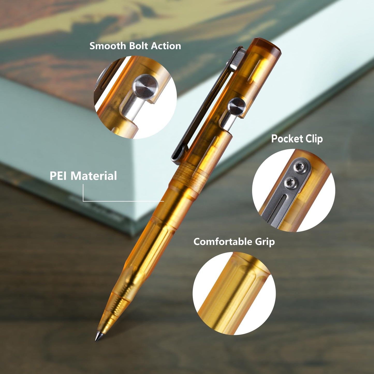 SMOOTHERPRO Bolt Action Pen, PEI Ballpoint Pen, 0.5mm Fine Point Black Ink Retractable Pen, Compatible with Parker Refills, EDC Pen for Writing, Office, Left-Handed Friendly, Amber