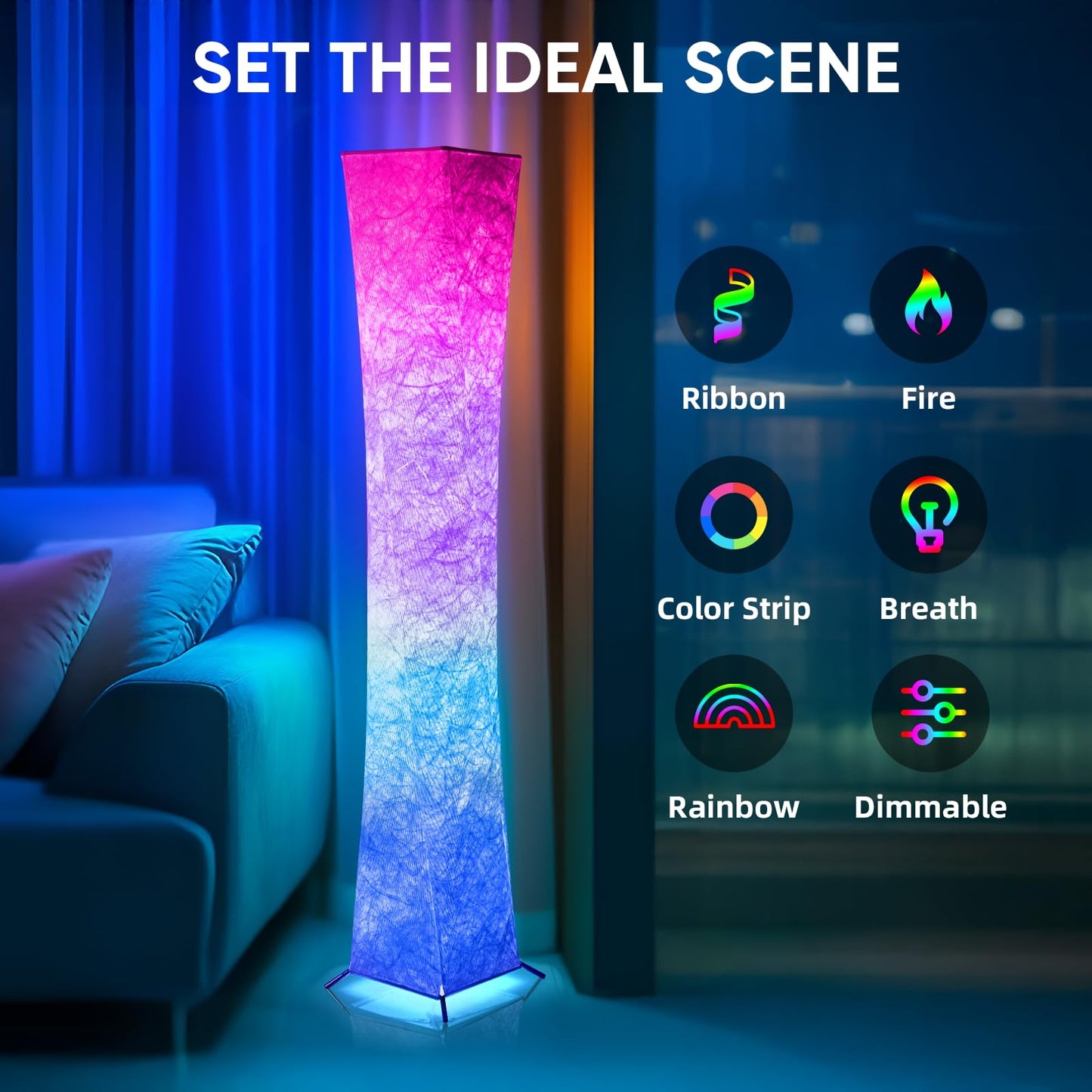 Morden LED Soft Light Floor Lamp, 52" Simple Design Slim RGB 16 Color Changing Tyvek Fabric Shade Dimmable Remote Control Standing Lamp for Living Room Bedroom Game Room