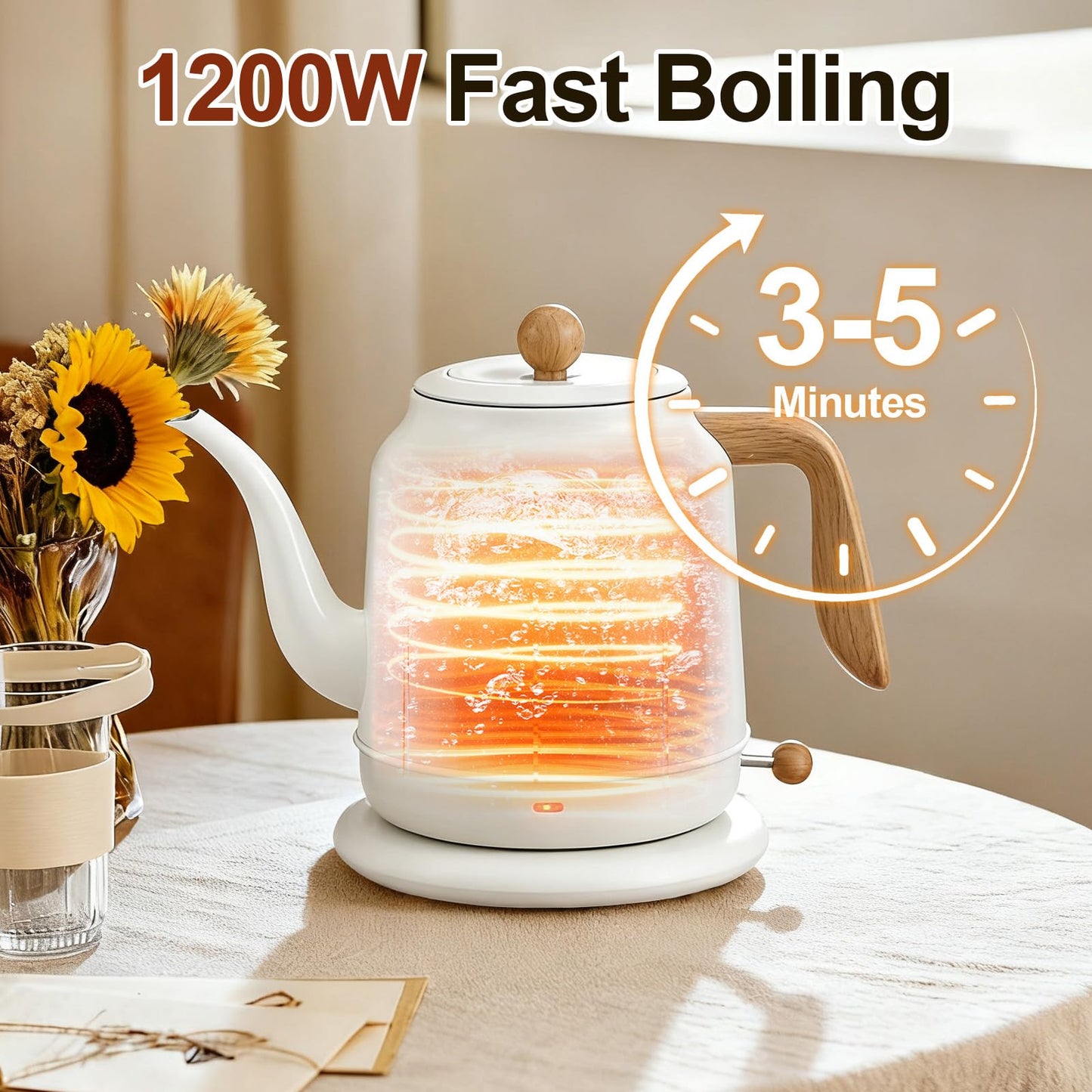 1.2L Electric Gooseneck Kettle with thermometer, Tea Kettle for Boiling Water, Gooseneck Electric Kettle for Coffee & Tea