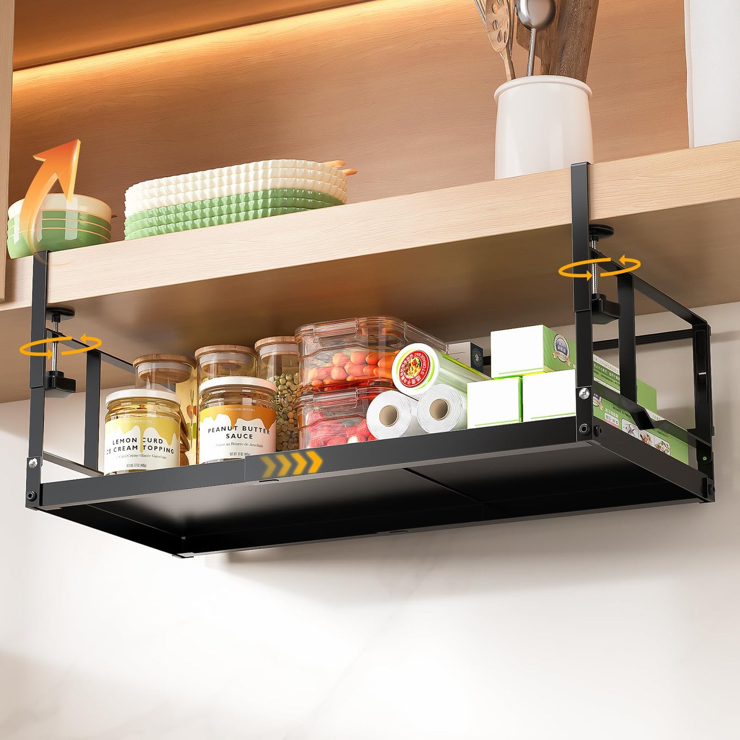 Under Shelf Storage Basket Organizer – Adjustable Hanging Holder with Knob Lock by prueBox, Heavy Duty Metal Panel for Pantry, Kitchen, Office, Closet (1 Pack)