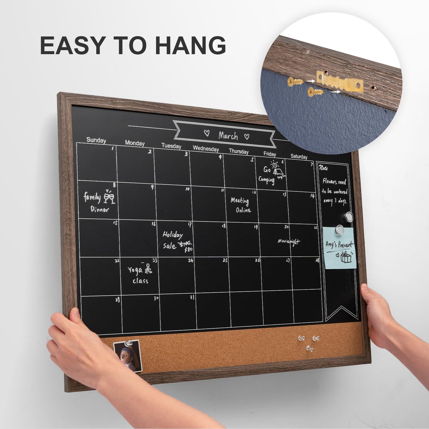 ARCOBIS Chalkboard Calendar with Cork Board, 24x18 Inch Wood Frame Bulletin Board for Wall, Magnetic Chalk Calendar Board with Chalk Markers, Push-Pins and Magnets,Grey