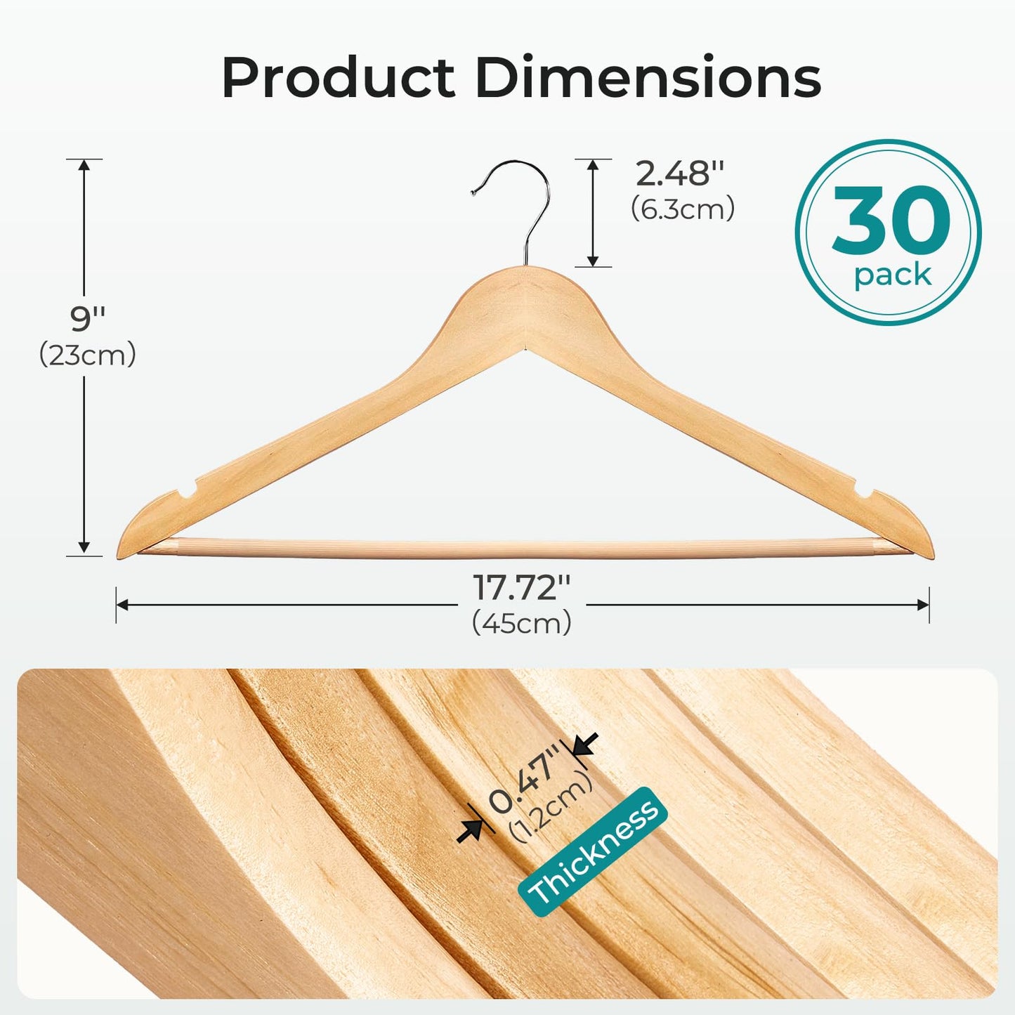 HOUSE DAY Premium Wooden Coat Hangers 30 Pack, Heavy Duty Solid Wood Clothes Hangers with 360° Swivel Hook & Pant Bar for Jackets, Dress, Shirts, Natural Wood Suit Hanger for Closet Organizer