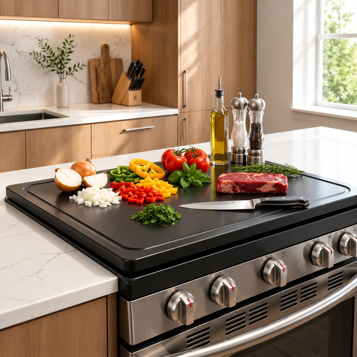 Wood Stove Cover for Electric Stove & Gas Range, 27.56" x 19.69" Black Lightweight Stovetop Cover with Built-In Handles, Juice Groove, Smooth Flat Surface for Extra Counter Space