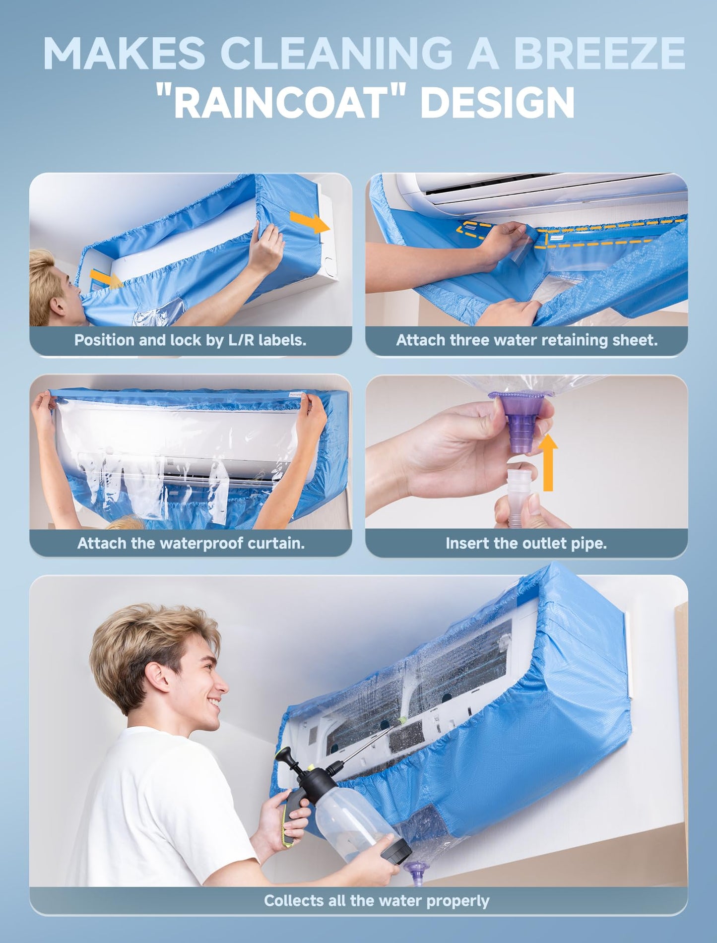 Reashy Mini Split Cleaning Kit, Waterproof Air Conditioner Cleaning Bag, Split Unit Cleaner with PVC Cleaning Cover, Support Plate, Waterproof Curtain, Water Retaining Sheet, Outlet Pipe
