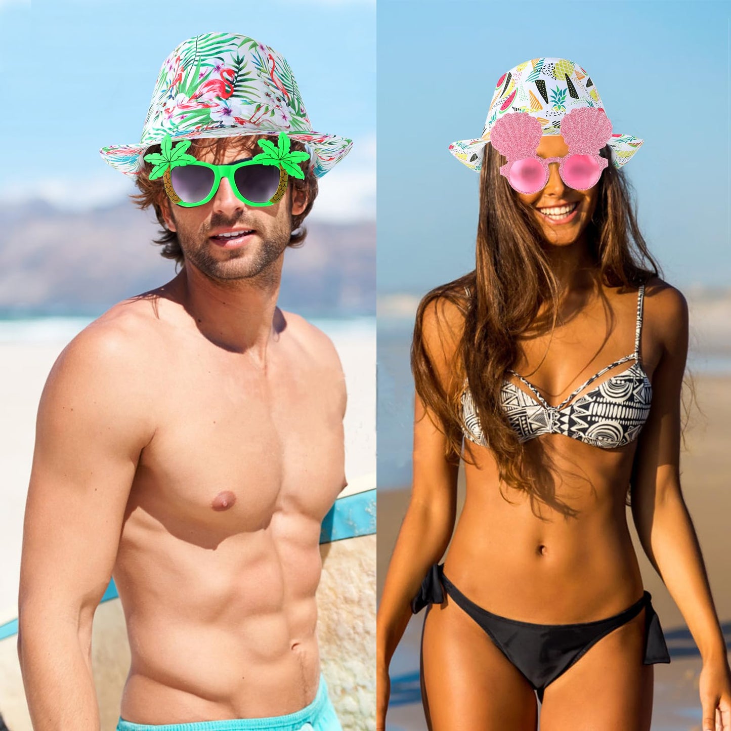NICOWARM 6pcs Luau Fedora Hats, 6pcs Luau Party Sunglasses for Adults, with Luau Patterned includeing Flamingo, Pineapple, Photo Booth Props for Summer, Beach, Luau, Pool, Hawaiian Themed Parties