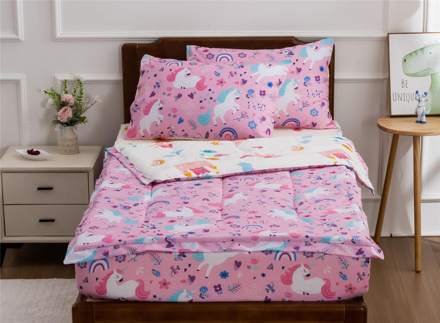 Meeting Story 3pcs Kids Comforter Sets Zipper Bedding Set for Girls,Twin Kid Bedding Set Rainbow Comforter Unicorn Bedding for Kid,All in one Zipper Bedding(Pink，Twin