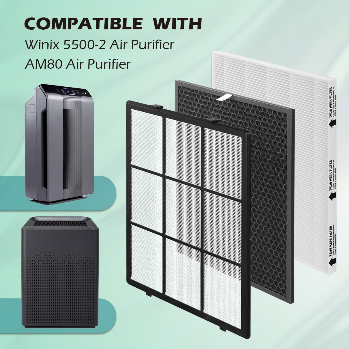 SAKEGDY 116130 Replacement Filter H fit for Winix 5500-2 Air Cleaner Purifier and Winix AM80, Package Contain 1 Washable Pre-Filter+2 Premium Filter+2 Activated Carbon Filter Combo Pack