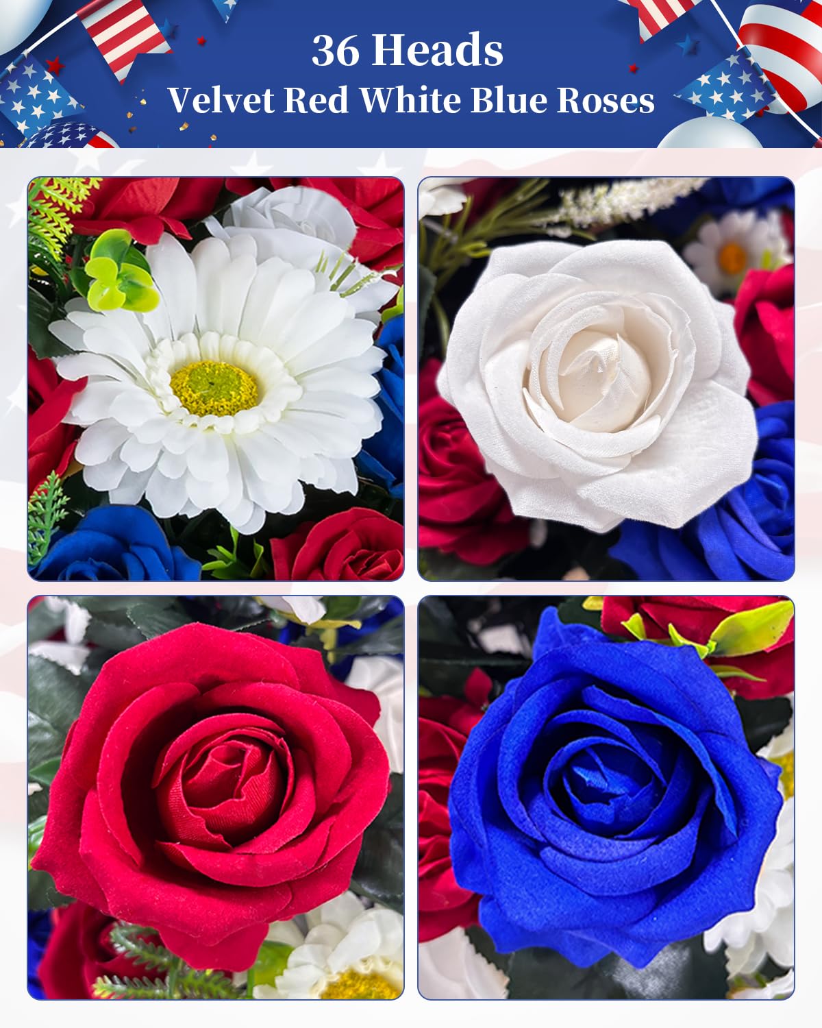 Memobloom Memorial Day Flowers for Cemetery: Large 36 Heads Velvet Red White Blue Roses Bouquet with Flags for Veterans - Outdoor Artificial Patriotic Grave Flowers America 250 Decorations