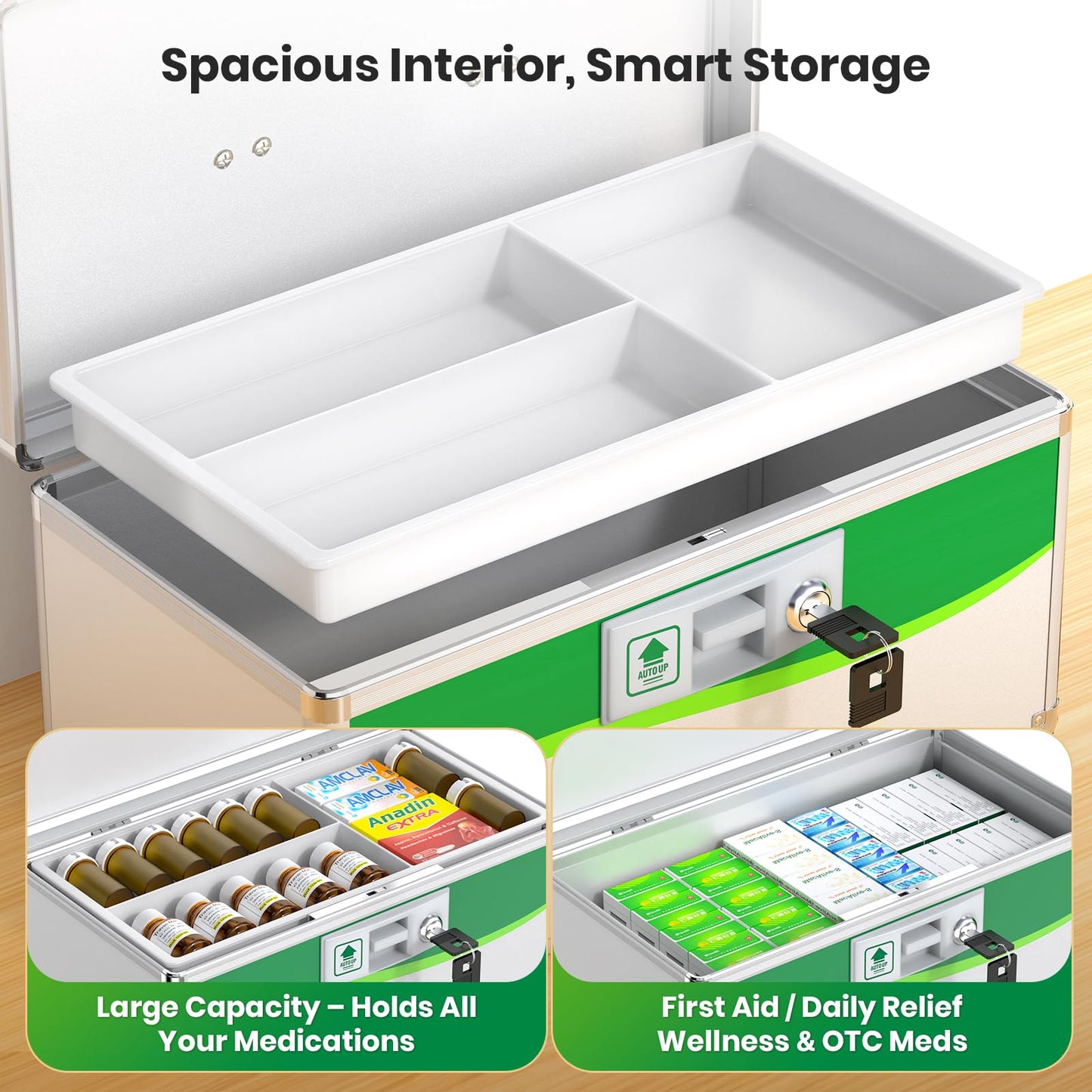 Medicine Lock Box, First Aid Safe Medication Storage Box, Layered Aluminum Daily Medicine Lockable Box with Key (Size-X-Large 16 * 9.25 * 7.5inch)