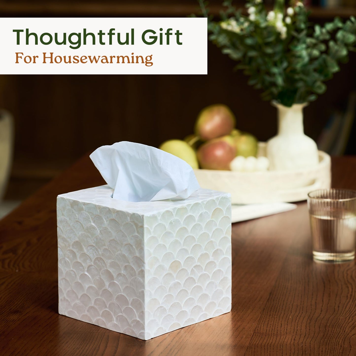 CHI AN HOME 5.8” Capiz Tissue Box Cover, Square Decorative Tissue Holder with Bottom Slider, Handmade Bathroom Accessories, Elegant White Cube for Vanity, Bedroom, Office & Coastal Décor (Natural)