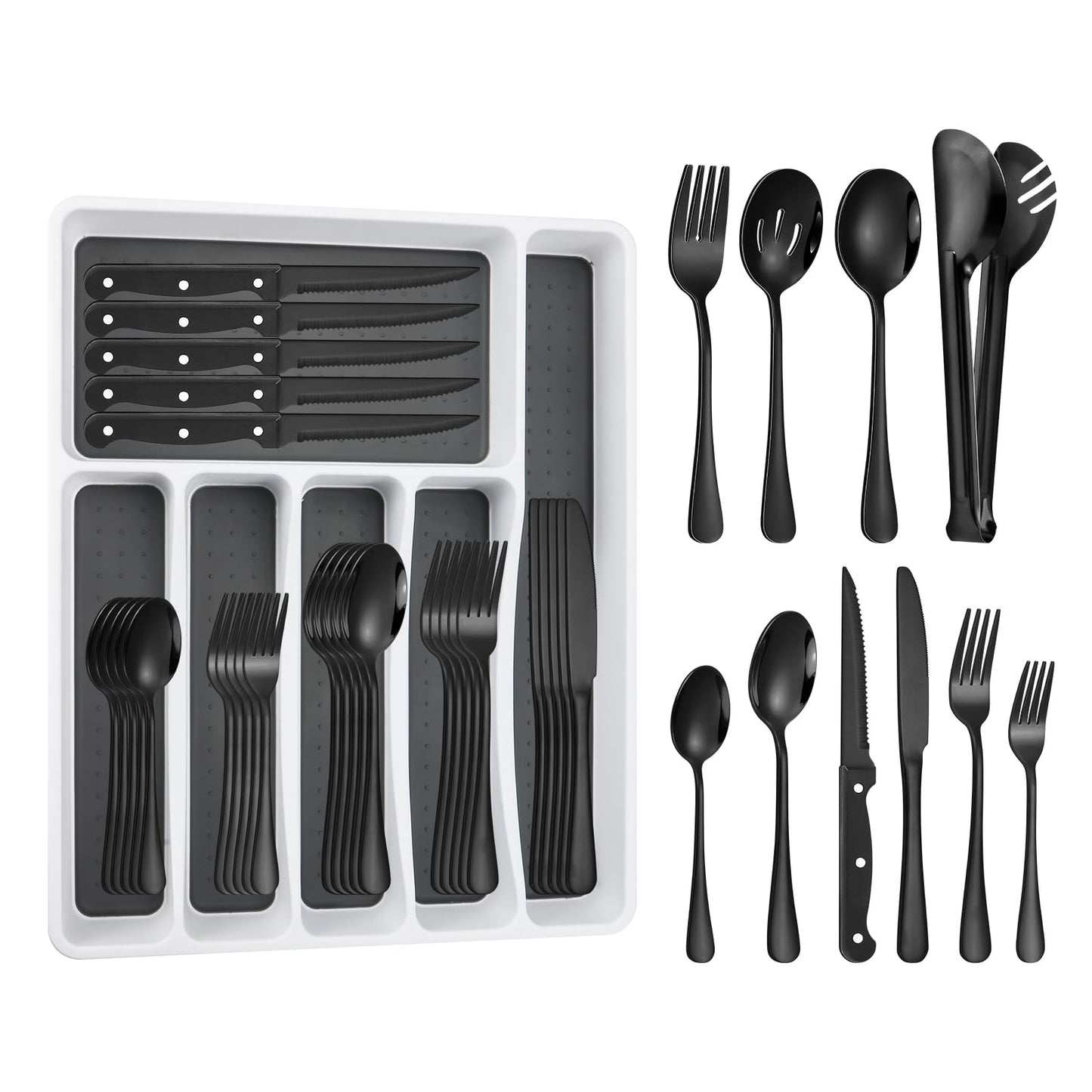 53PCS Black Silverware Set for 8 with Flatware Drawer Organizer, Stainless Steel Cutlery Set with Steak Knives, Include Spoons and Forks Set & Serving Utensils, Mirror Polished, Dishwasher Safe