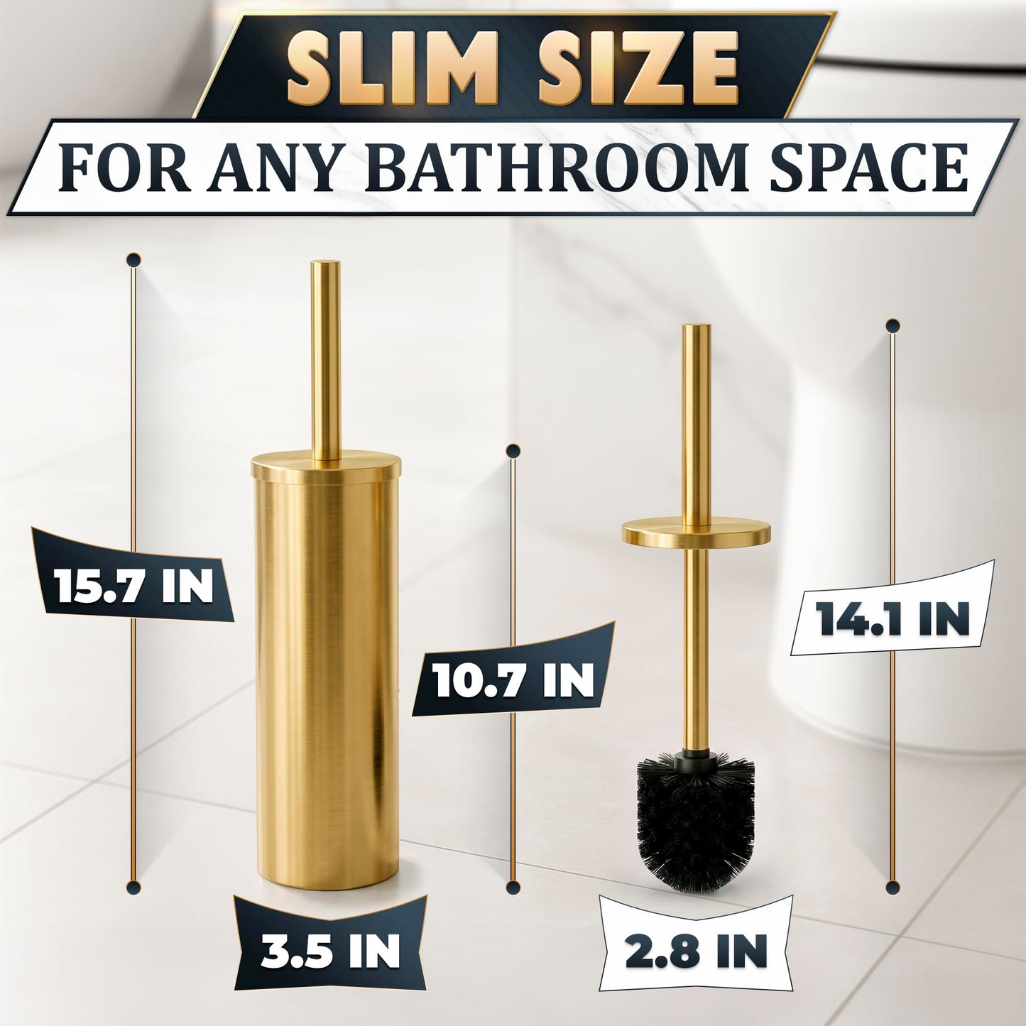 Gold Toilet Brush and Holder Set - Free-Standing Stainless Steel Gold Toilet Bowl Brush and Holder with Replaceable Head, Removable Inner Bowl, and Splash Guard - Dense Bristles for Thorough Cleaning