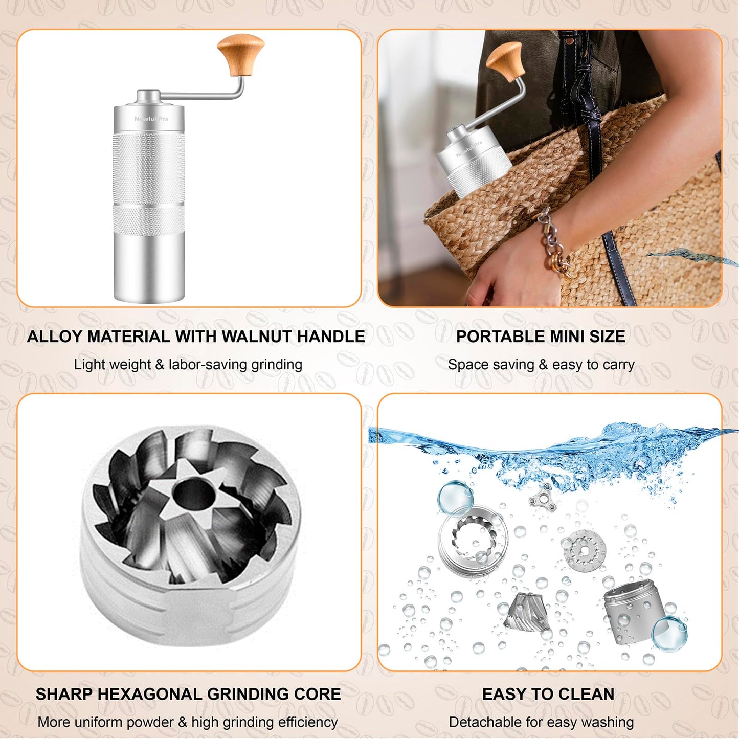 NewlukPro M6 Manual Coffee Grinder,Conical Hexagonal Burr & Double Bearings for Smooth Grinding,Designed for Espresso Pour Over French Press,25g Capacity,Compact & Portable,Gifts for Coffee Lovers