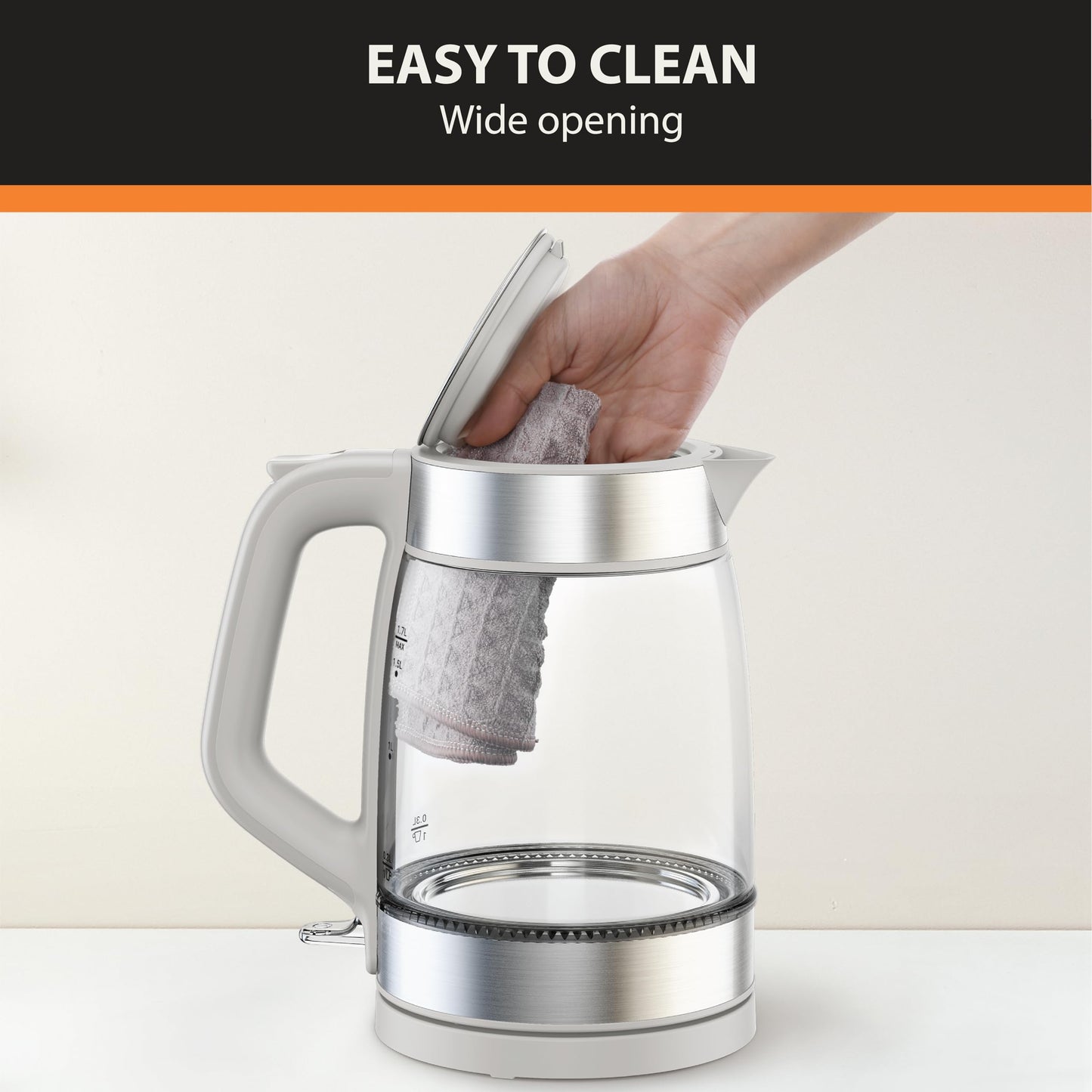 KRUPS Electric Kettle, 1.8-Qt (1.7L) Tea Kettle, 1500W with LED indicator, Hot Water Boiler, Auto Shut-off, Rapid 80-Second Cup Boiling, Safe Boil-dry Protection, Water Heater, Glass Carafe, Grey