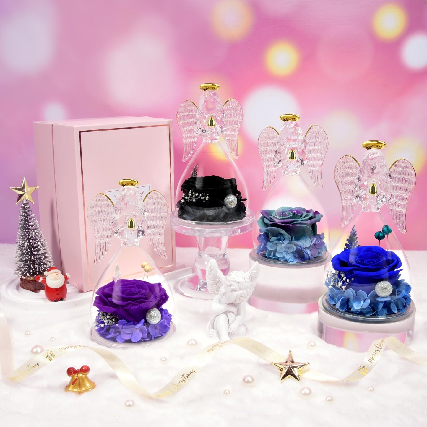 Sunia Gifts for Mom Birthday Gifts for Women, Preserved Real Roses in Glass Angel Figurine, Eternal Forever Flowers for Delivery Prime, Fresh Flower Presents for Mothers Grandma Wife Daughter Sister