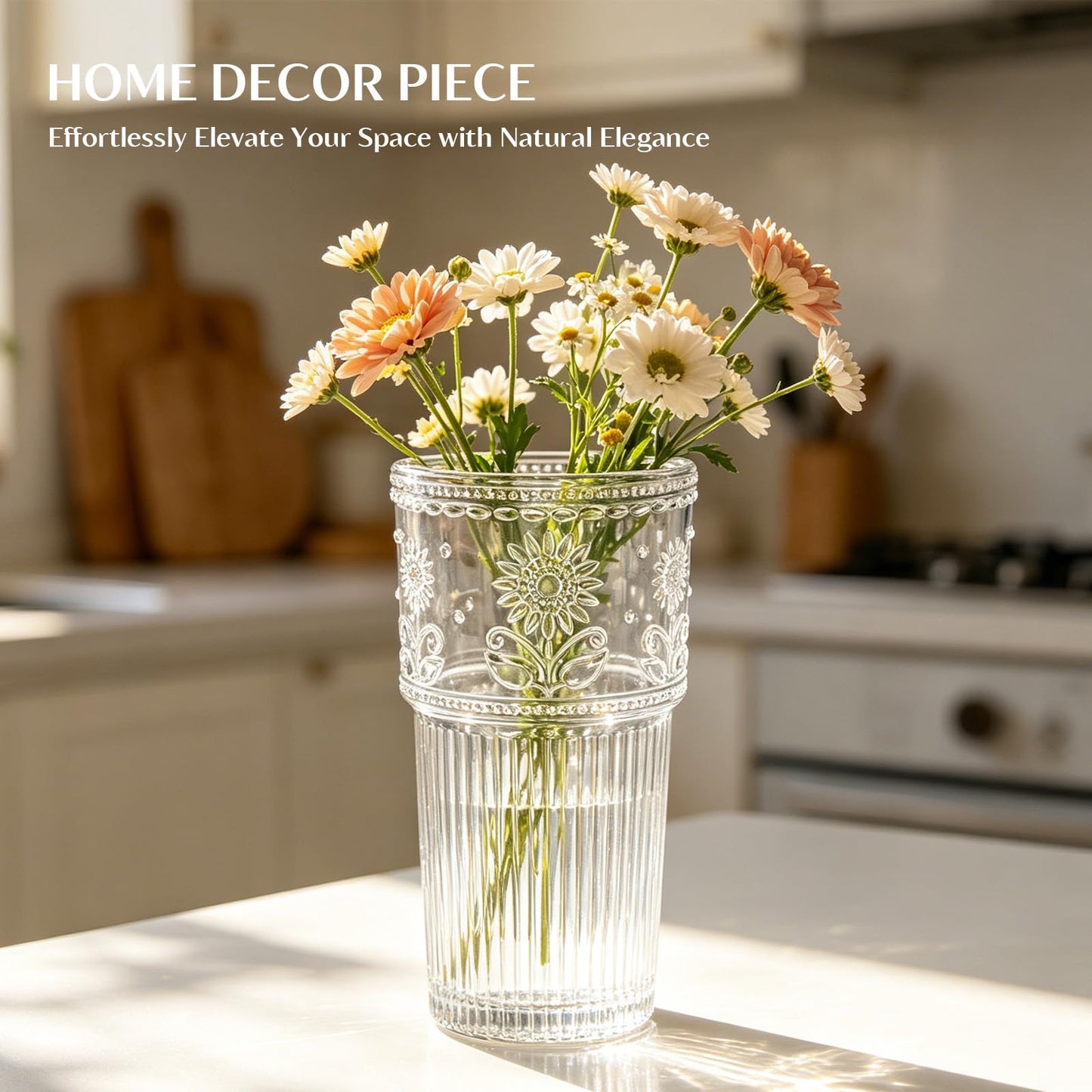 INSETLAN 20 oz Sunflower Glass Cups with Lids and Straws, Set of 4, Elegant Iced Coffee Cups for Coffee, Matcha, Smoothies, Juice, Cocktail and More, Leak-Proof Glass Tumbler for Daily Use and Travel