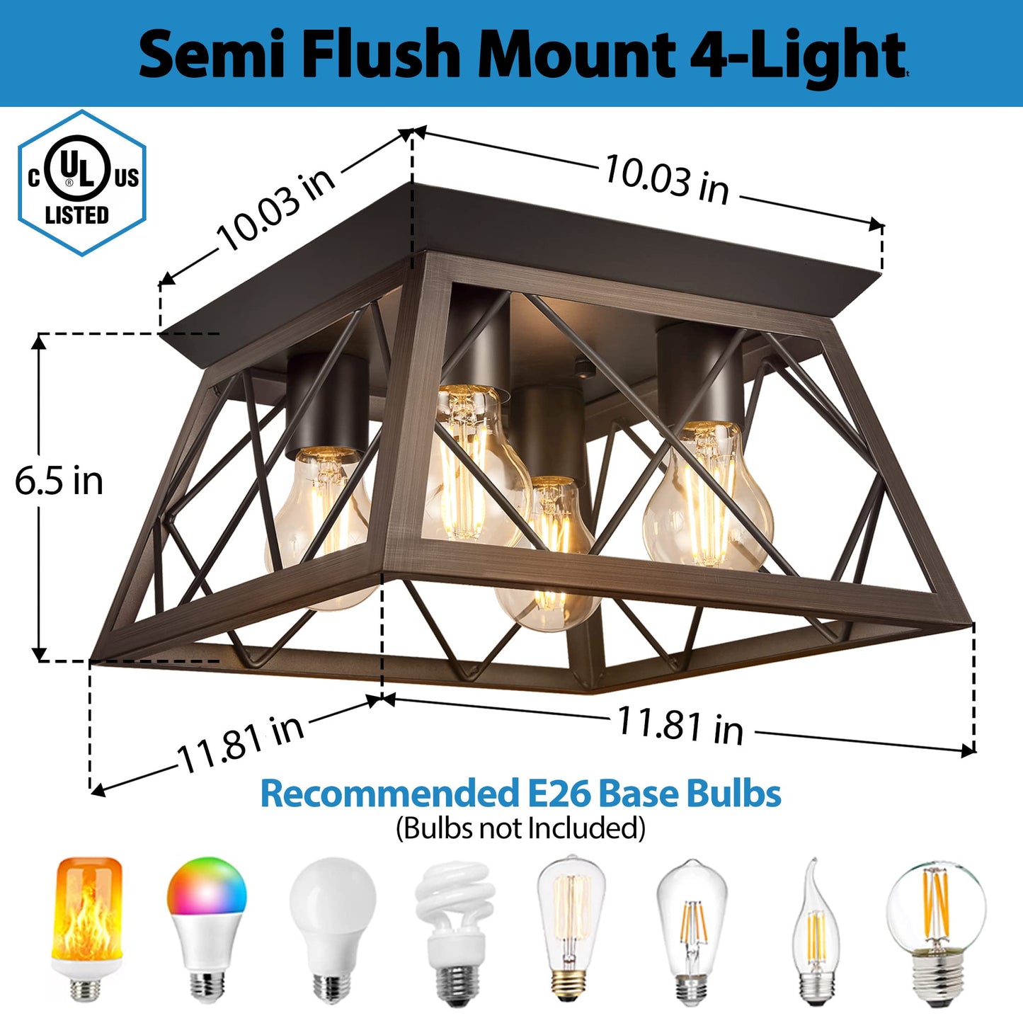 FadimiKoo Flush Mount Ceiling Light Fixtures for Kitchen Hallway, 4-Light Close to Ceiling Lighting, Industrial Farmhouse Square Cage Ceiling Lamp for Dining Room, Living Room, Bulb Not Included