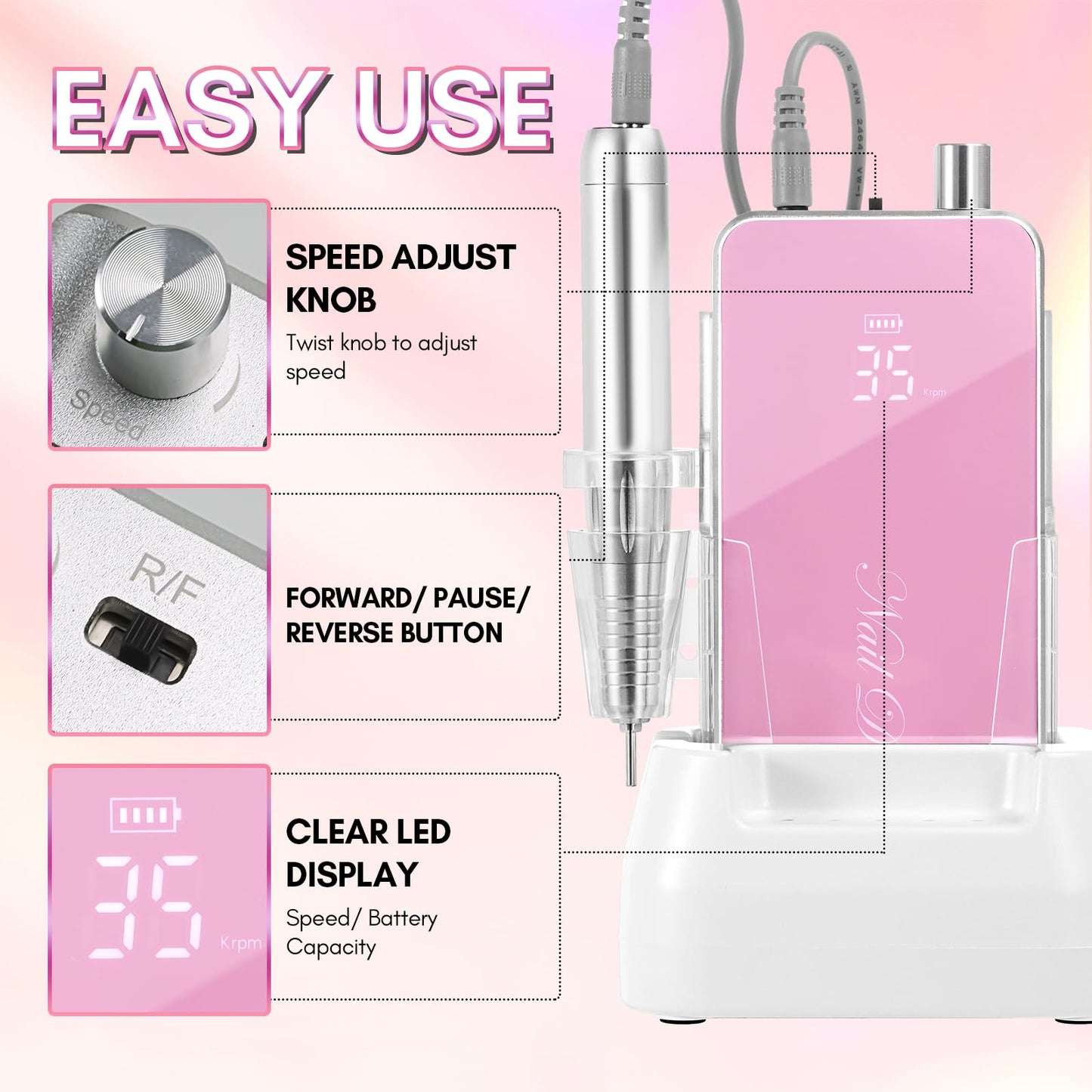 Makartt Professional Nail Drill, 35000RPM Rechargeable Efile with Coreless Motor, Nouvella Electric Nail Filer Machine for Acrylic Gel Removal with Drill Bits Set, Pink