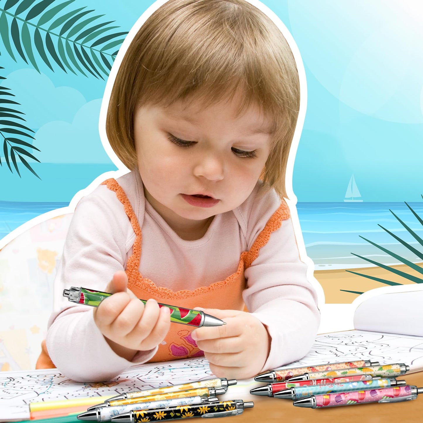 Chiisong 120 Pcs Summer Pens Retractable Hawaiian Theme Cute Ballpoint Pens Comfortable Writing Black Ink Medium Point 1mm for Pretty Journaling Men Women School Office Supplies Party Gifts