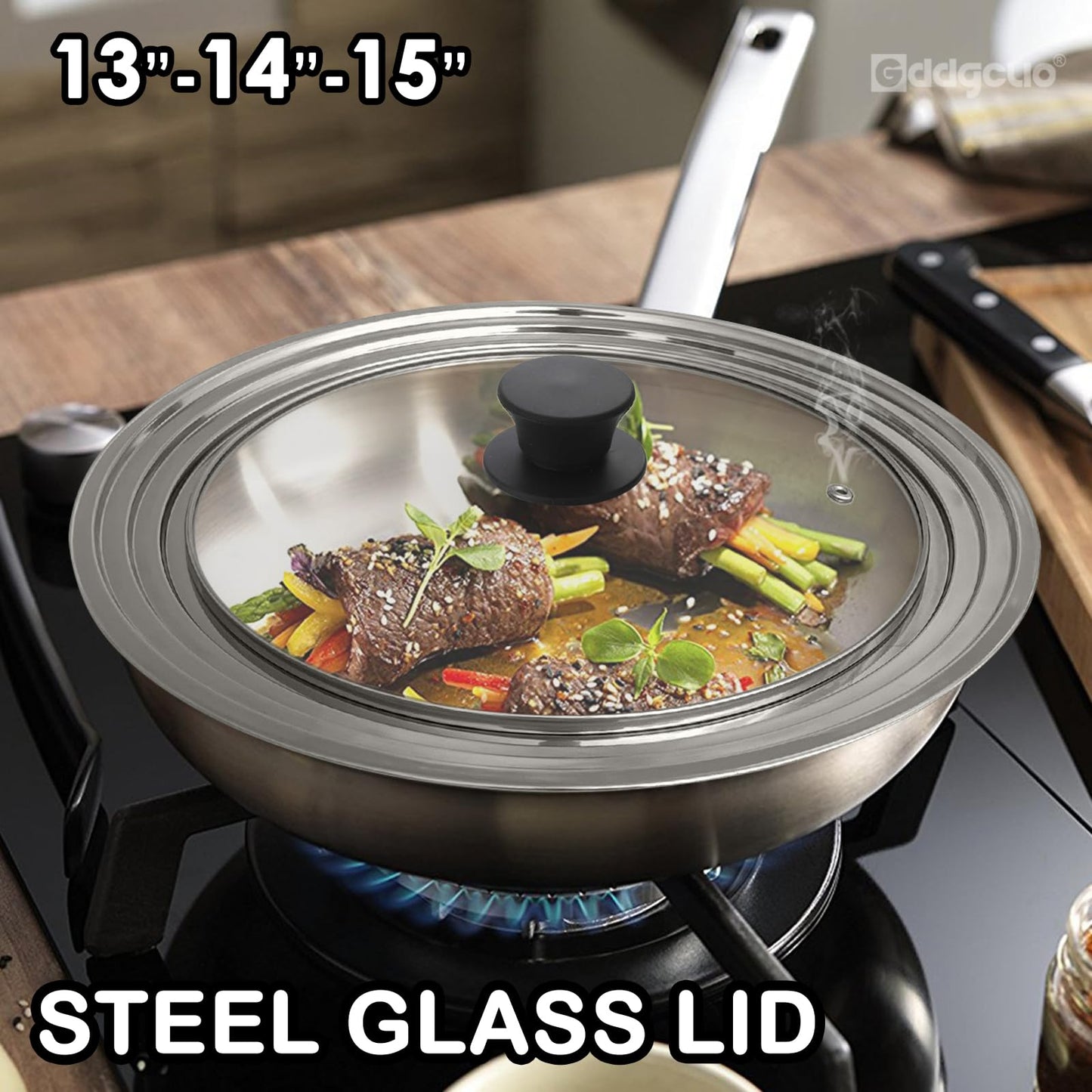 GDDGCUO 13-14-15 in Universal Pan Lid, Extra Large Stainless Steel Pot Lid for Pots, Pans, Skillets, Replacement Frying Pan Lid with Heat Resistant Silicone Knob, Dishwasher Safe