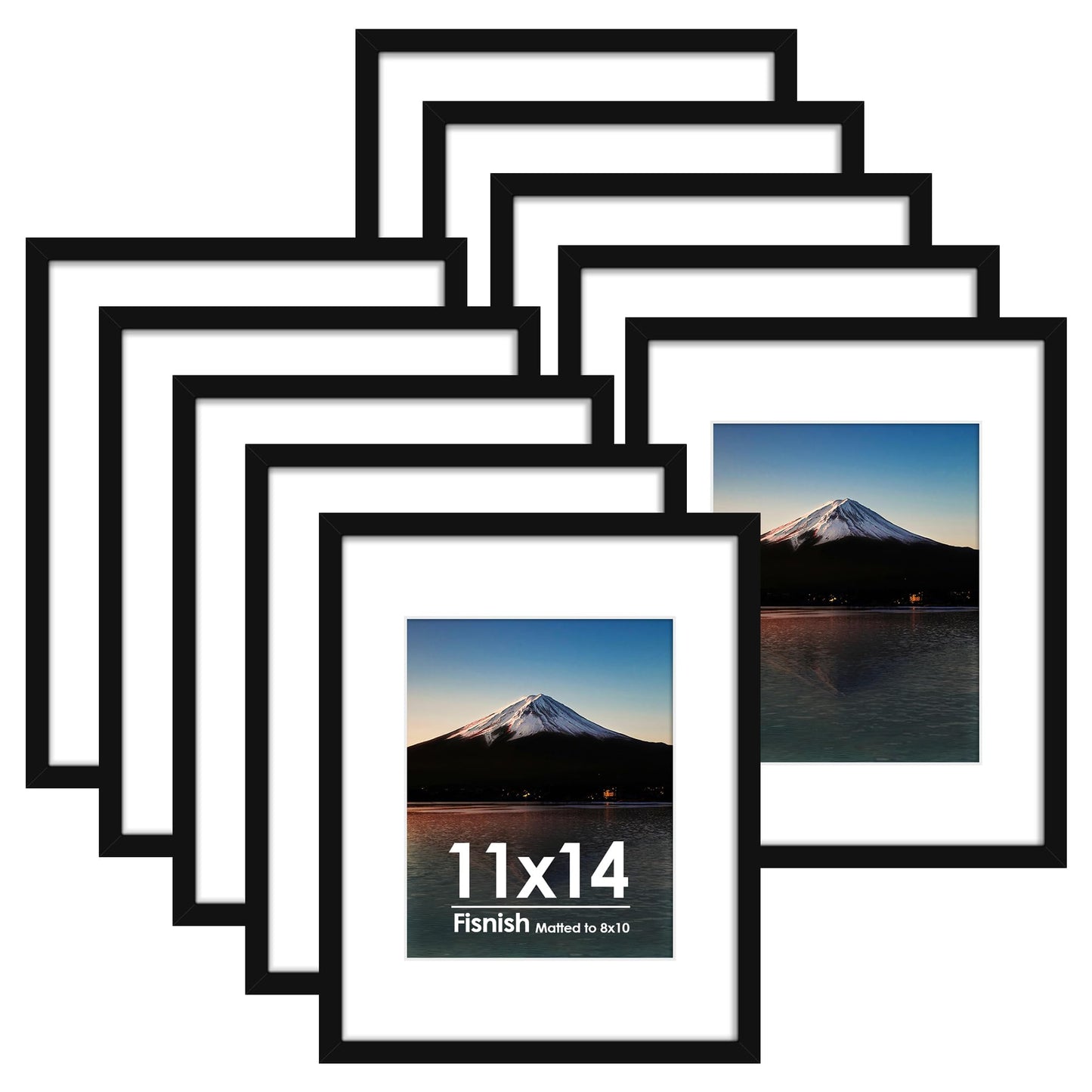 Fisnish 11x14 Picture Frame Sef of 10, Display Pictures 8x10 with Mat or 11 x 14 Without Mat, Photo Frame Collage for Wall Gallery Decor, Hanging or Tabletop Display, Black