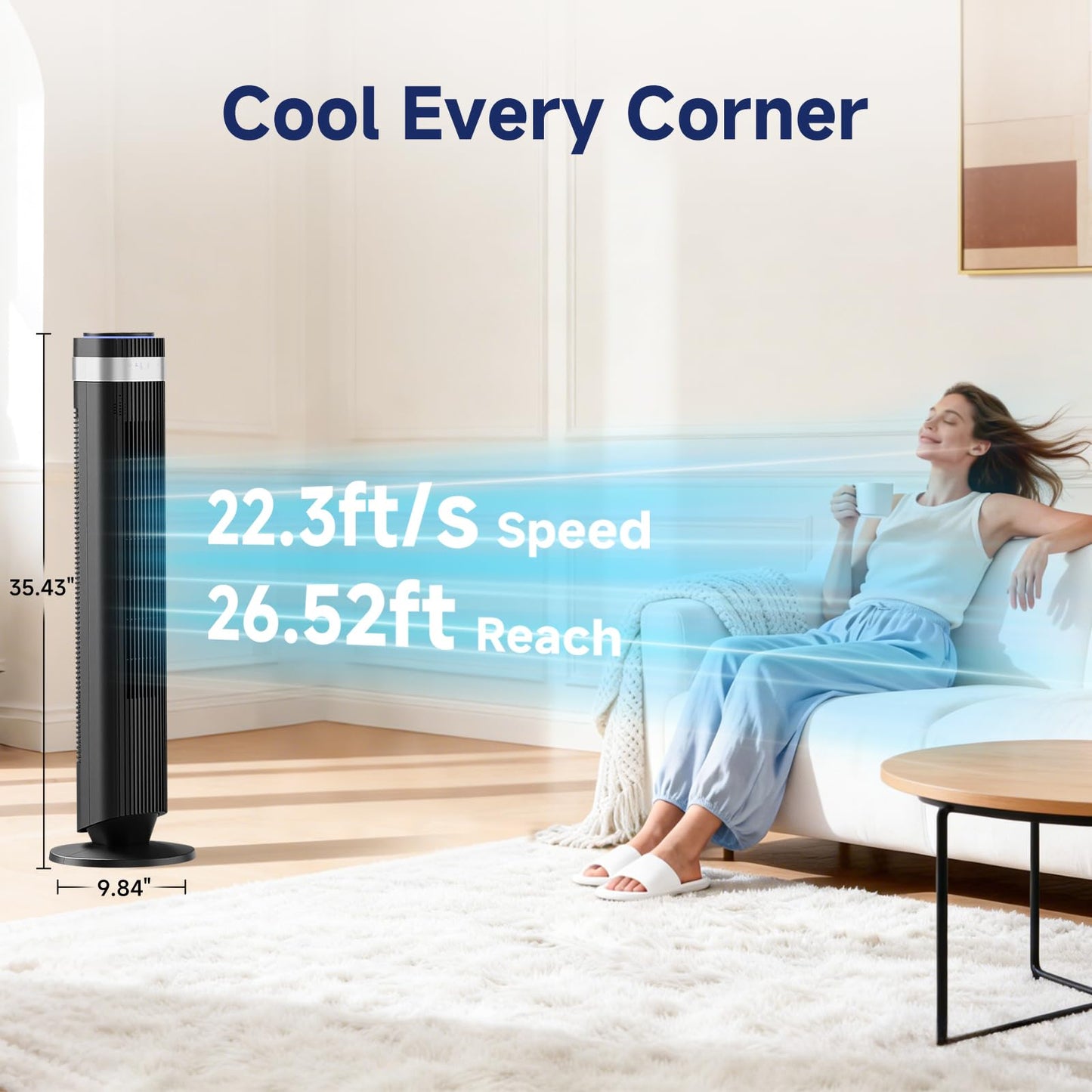 KMFurnila Tower Fan, Oscillating Standing Fans with Remote for Bedroom Home Office, 5 Speeds & 4 Modes, 12H Timer，LED Display, 22.3ft/s High Velocity, Modern Black