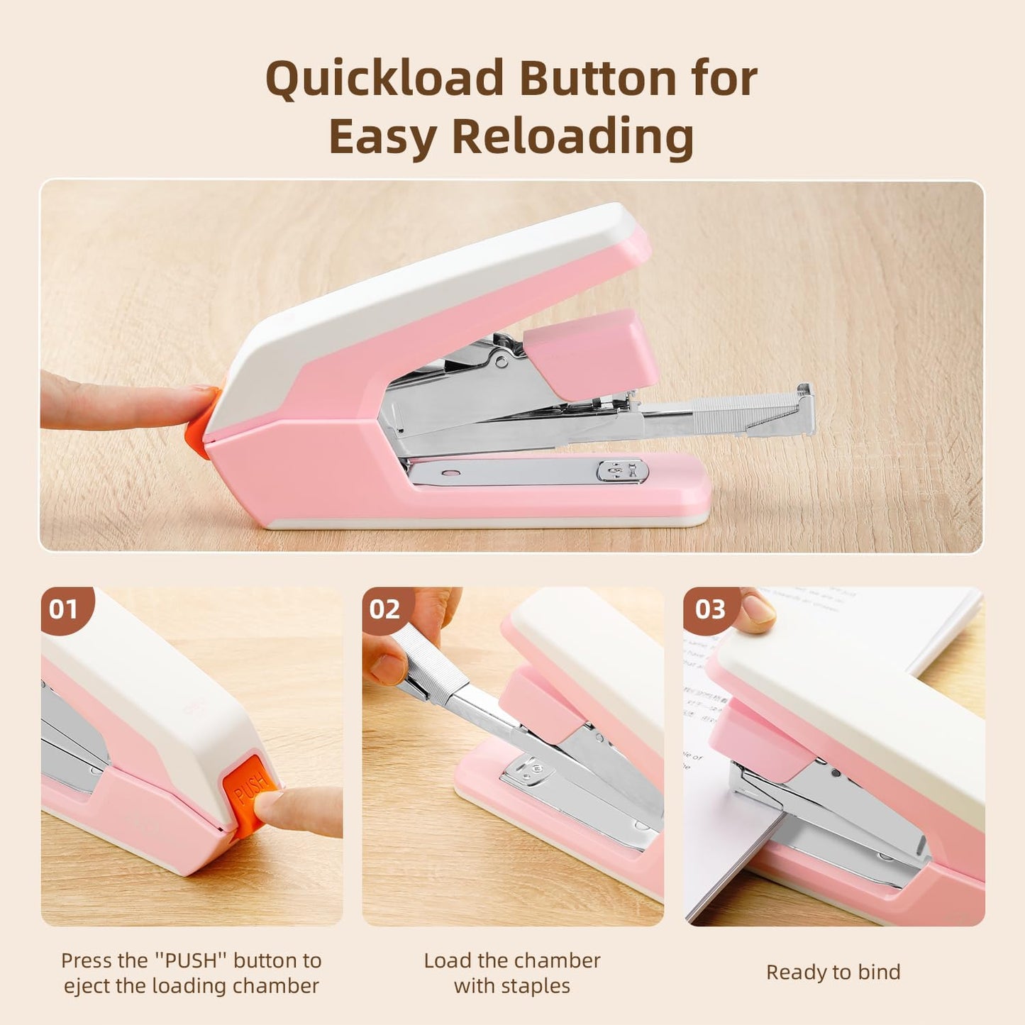 Deli Stapler, Effortless Staplers for Desk, 40-50 Sheet Capacity Heavy Duty, One Touch, No Effort, Easy to Load, with 1500 Staples & Staple Remover, 6 Pack, 3 Colors