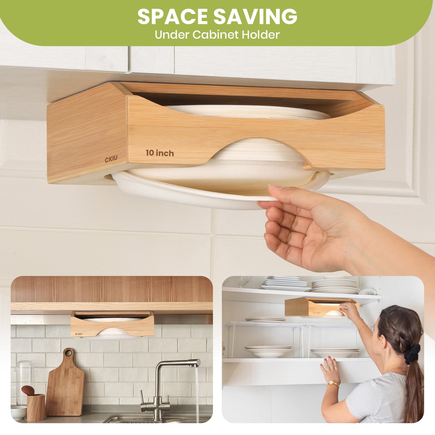 CKIU 10-inch Paper Plate Dispenser Under Cabinet, Bamboo Paper Plate Holders, Kitchen Counter Vertical Plate Dispensers Holders Countertop Caddy(For 10-inch Plates, Bamboo)