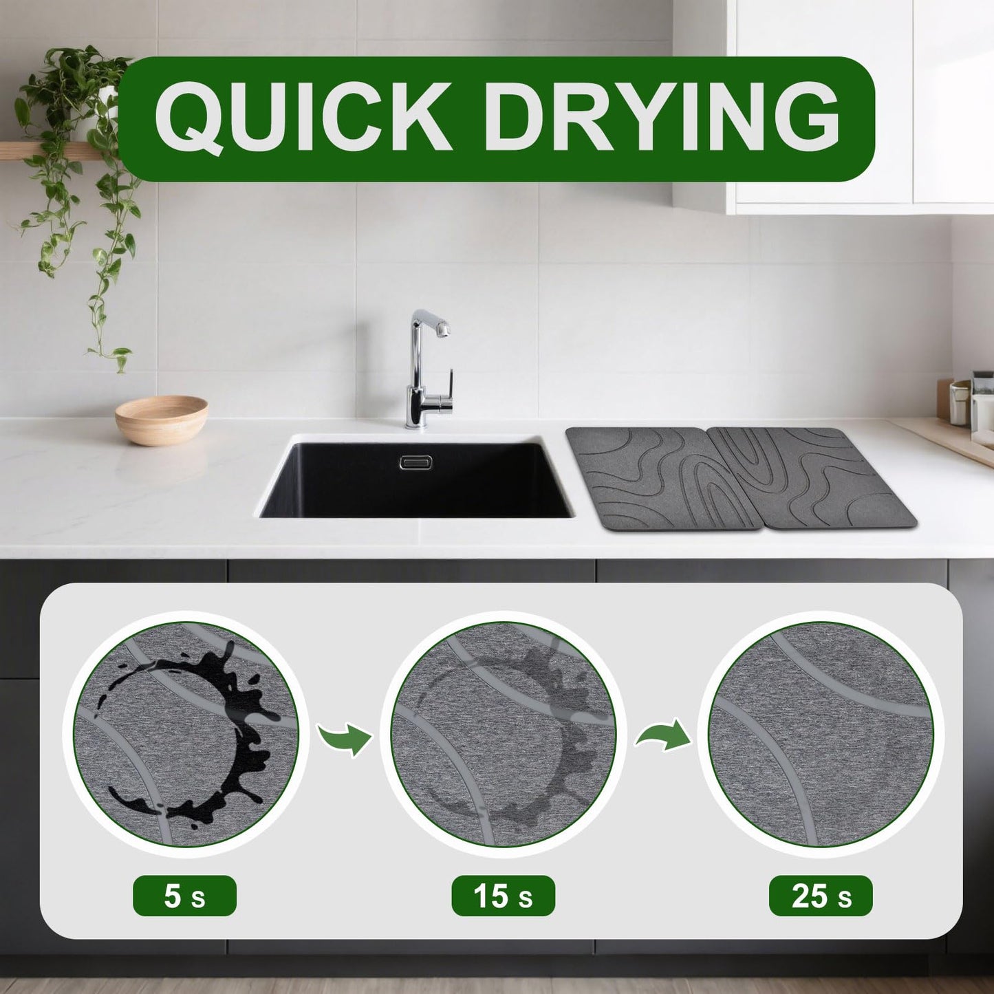 Stone Drying Mat for Kitchen Counter,2 Pack 16''x12'' Quick Dish Drying Stone Mat Kitchen,Double-sided Diatomaceous Earth Stone Drying Mat,No Moisture Residue, Stone Dish Drying Mat (Curved Stripes)