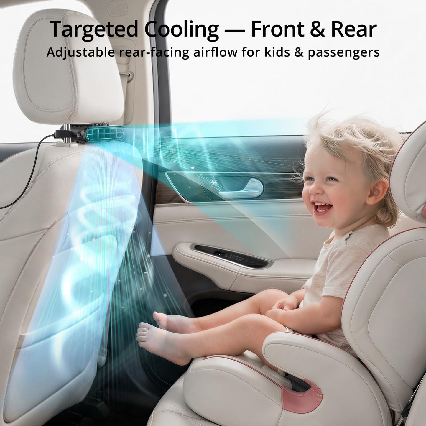 Bicboz Car Seat Fan with Seatback Cooling Airflow for Driver & Back Seat Passengers, 3-speed Quiet USB Backseat Fan for Baby Rear Facing, Headrest Carseat Fan for Infant, Kids & Dogs