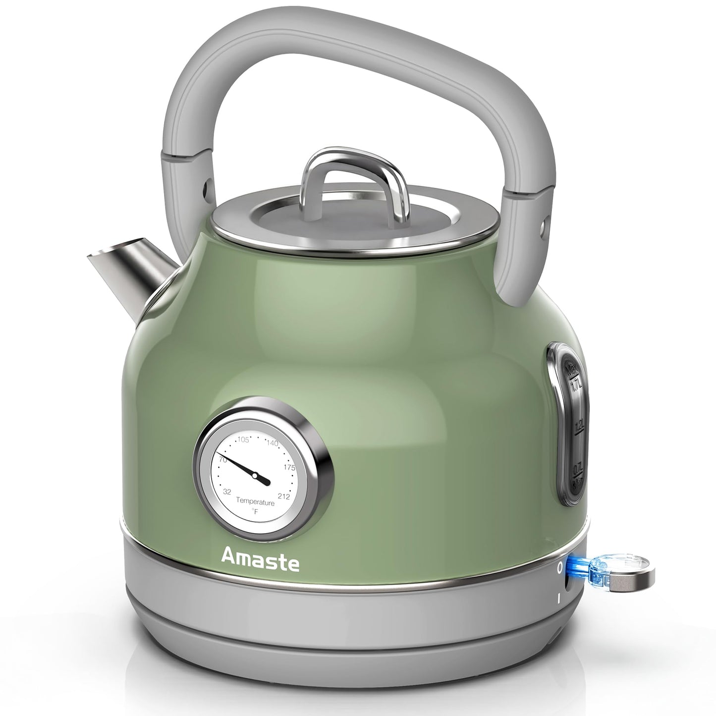 Amaste Electric Kettle, Retro Electric Tea Kettle with Thermometer, 57 Oz Hot Water Kettle for Coffee & Tea, 304 Stainless Steel, 1500W Fast Boiling, Auto Shut-Off & Boil Dry Protection, Matcha Green