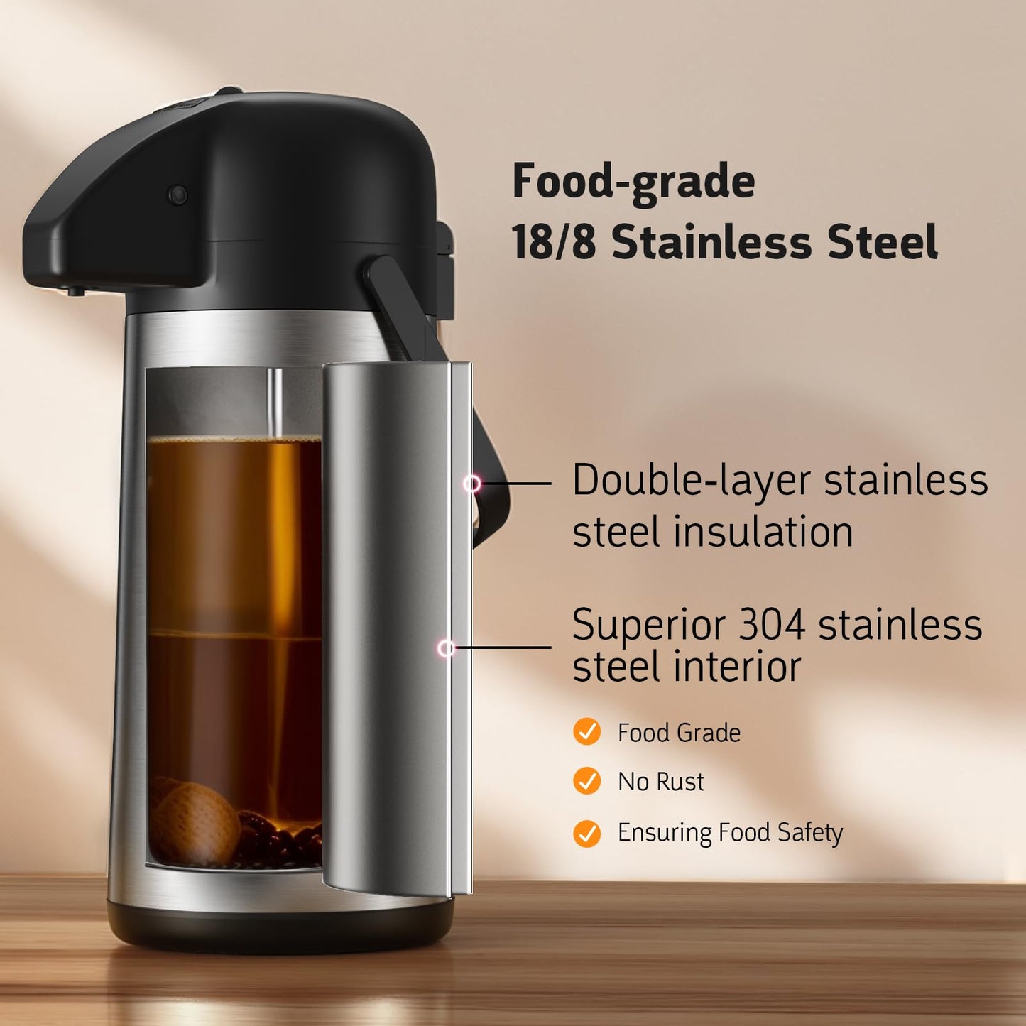 Airpot Coffee Carafe for Keeping Hot - 85 OZ / 2.5L Large Coffee Dispenser with Pump - Insulated Stainless Steel Thermos Urn for Hot Drinks Water Tea Chocolate - Thermal Beverage Dispenser for Parties