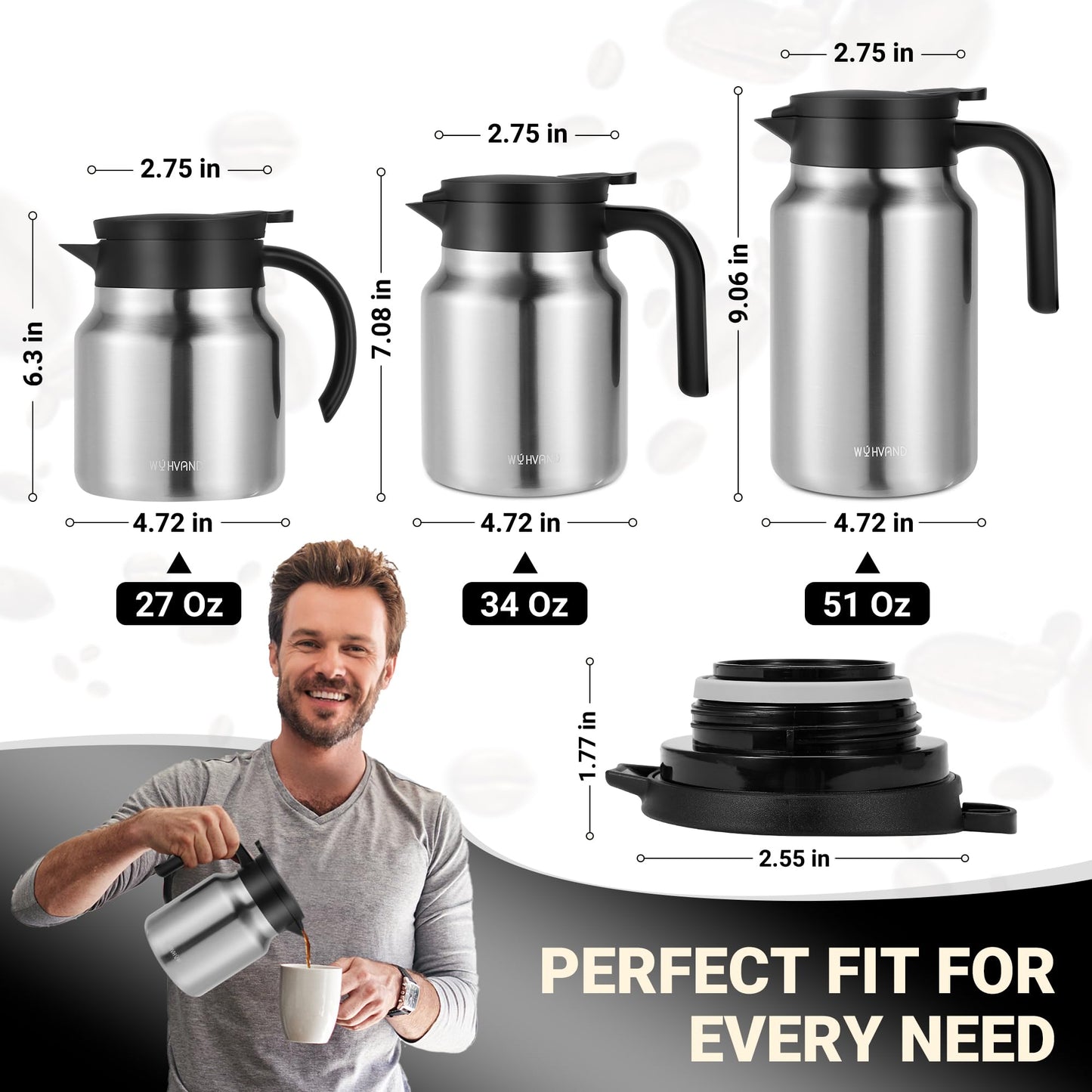 WYHVAND 51oz Thermal Coffee Carafe for Home & Office, 12H Hot Insulated Pitcher with Drip-Free V-Spout and Easy Clean 2.75" Wide Mouth, Silver