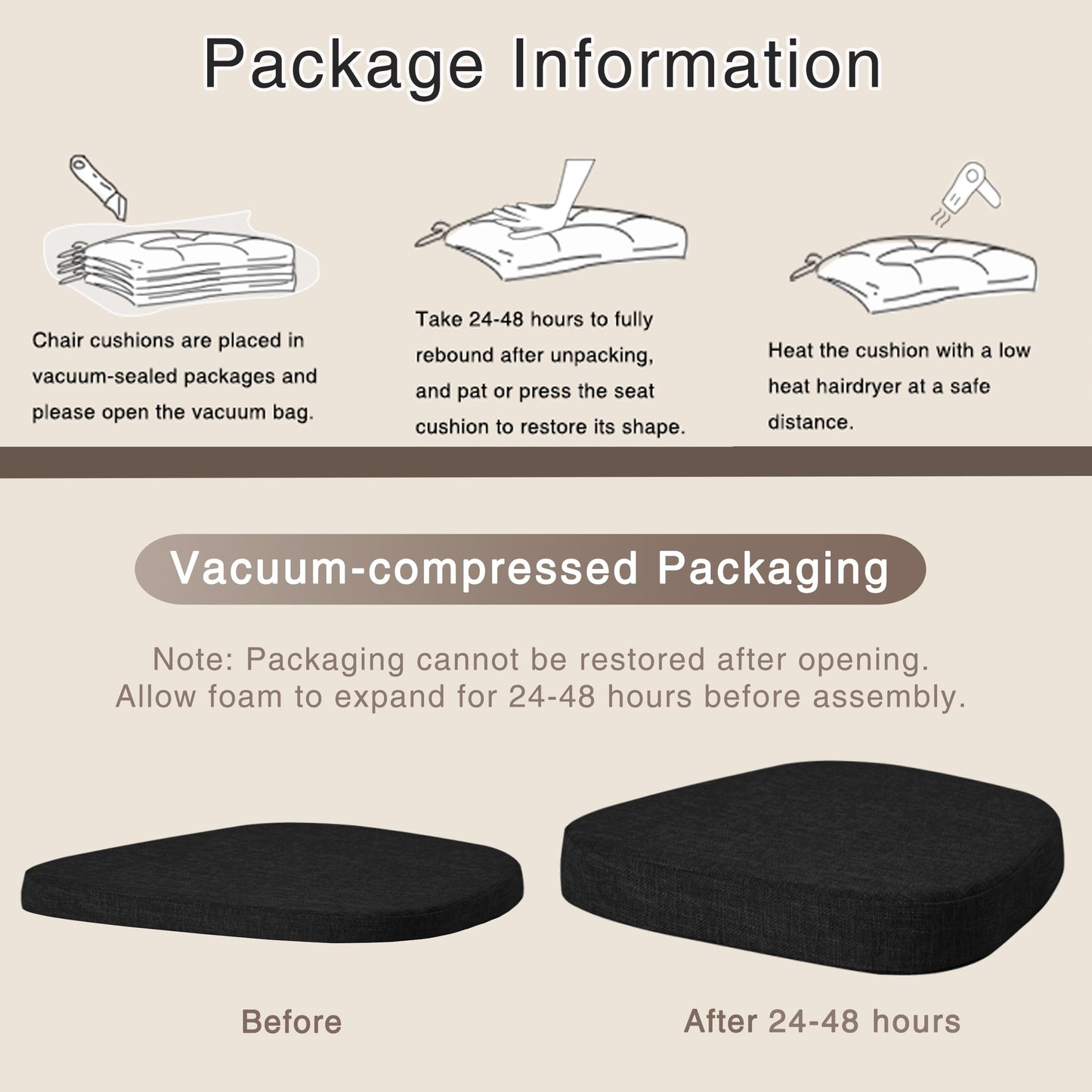 OVOV 14x14 Chair Cushions for Metal Dining Chairs Set of 4 Non Slip Thick Textured Chair Pads for Dining Chairs with Ties and Removable Cover (4, Black)