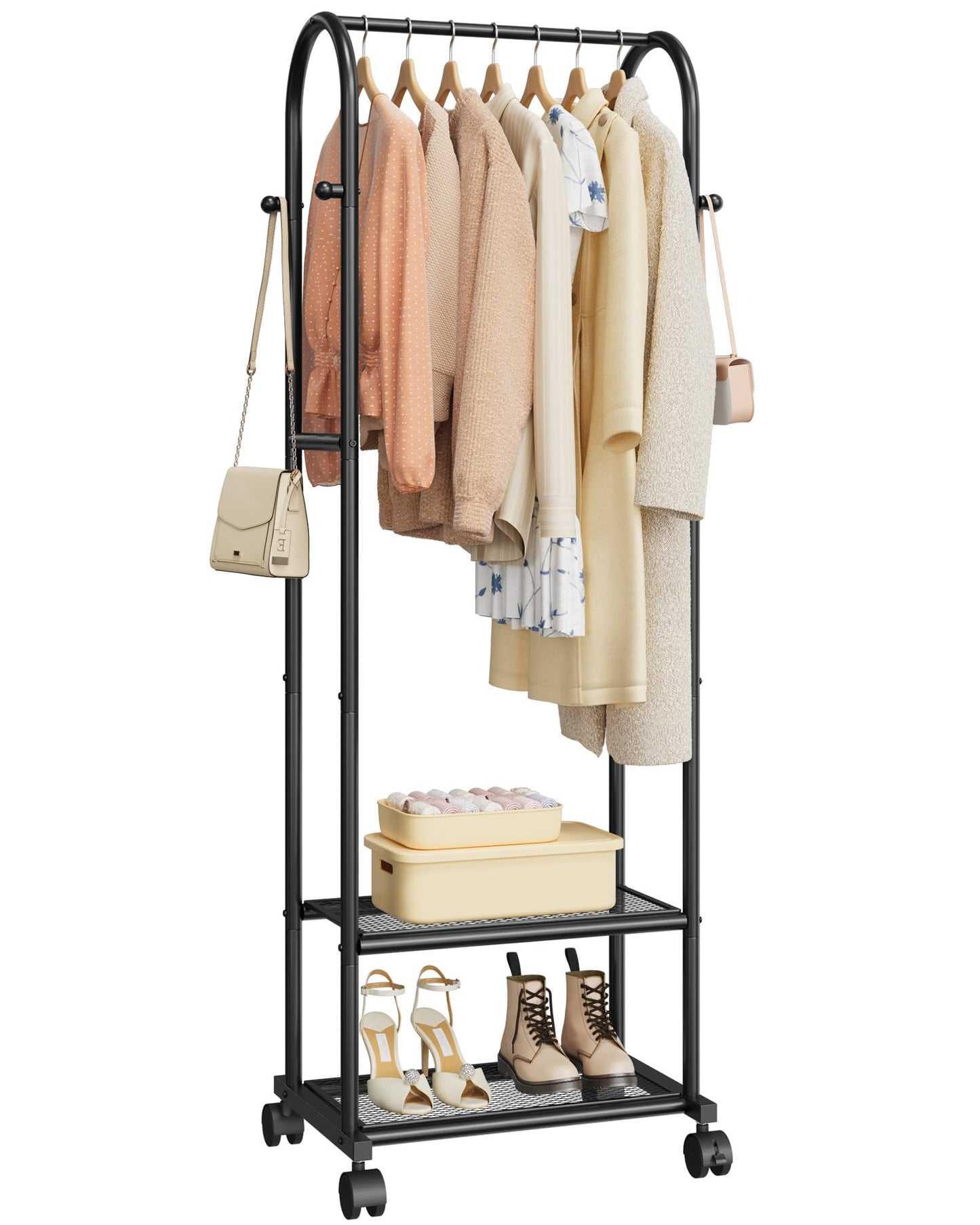 Sakugi Heavy Duty Premium Clothes Rack with 2-Tier Mesh Shoe Shelves & 4 Hooks, Lockable Wheels, Space-Saving, Multi-Functional for Bedroom, Entryway, Closet, Modern Design, 18.4" x 12.6" x 72", Black