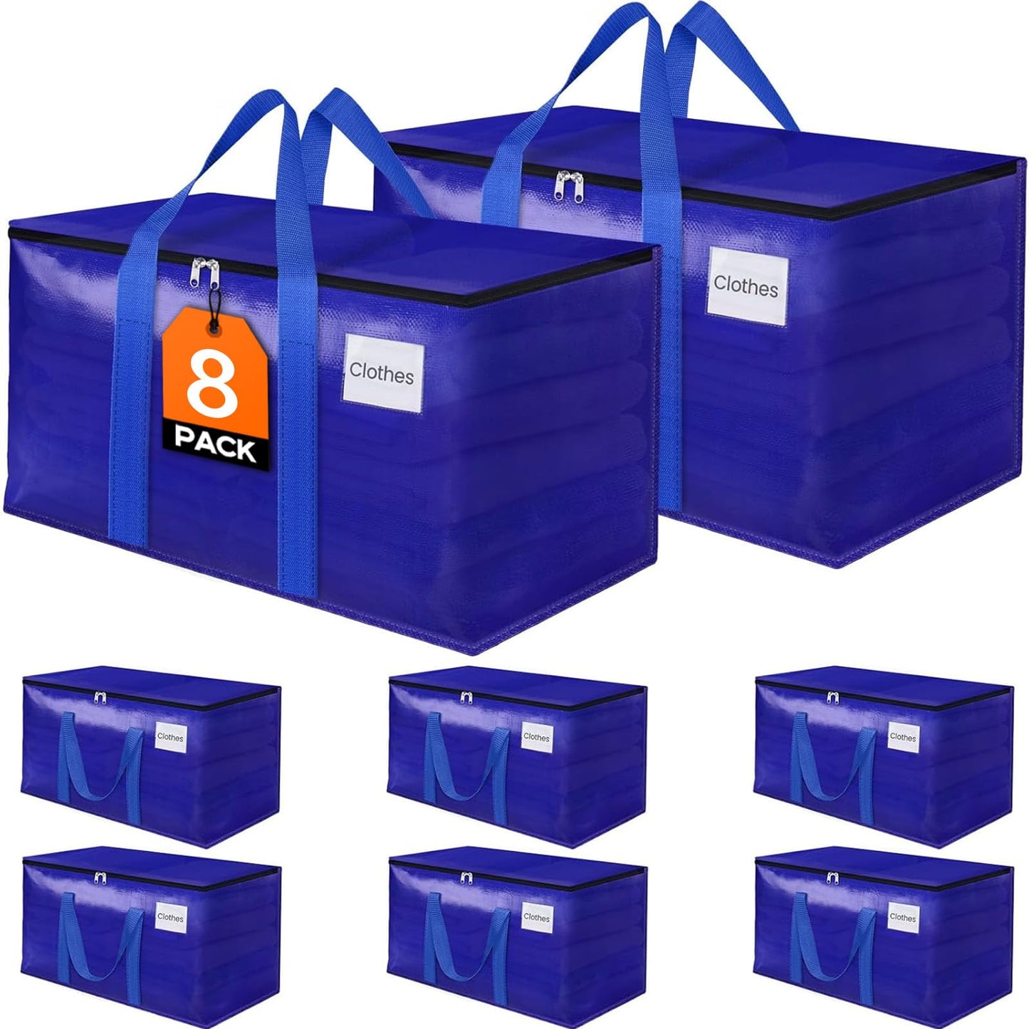 FabSpace 8 Pack Moving Storage Bags Heavy-Duty with Zippers and Reinforced Handles, Moving Supplies Packing Boxes for Moving, Storing, Saving Space, Blue Plastic Storage Totes 93 L(24 Gallon)