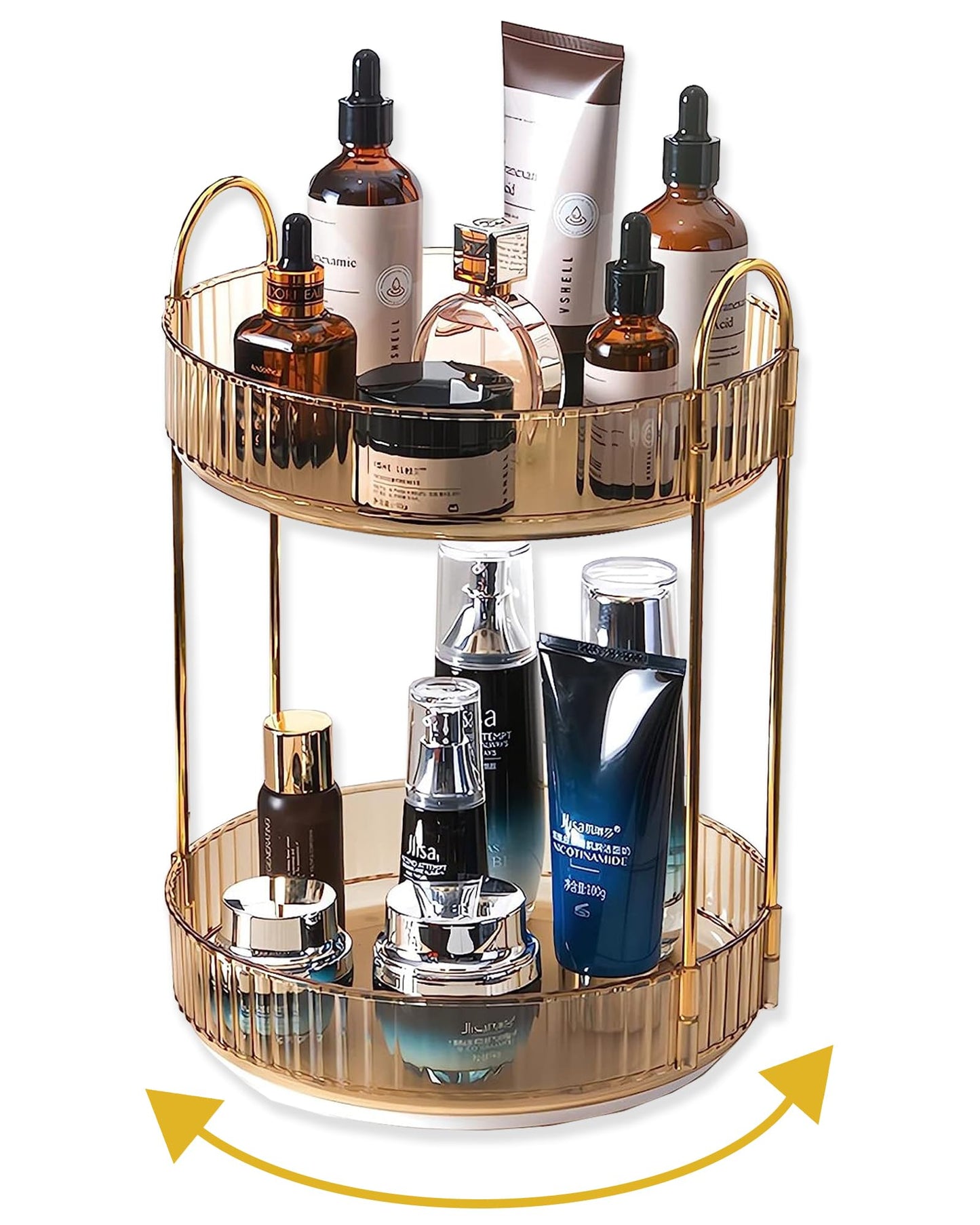 Asayuee 360 Rotating Gold Makeup Organizer,2 Tier Large Capacity Rotating Makeup Organizer,SkincarePerfume Organizer,Bathroom Cosmetics Storage Organizer Countertop (Gold-2 Tier)
