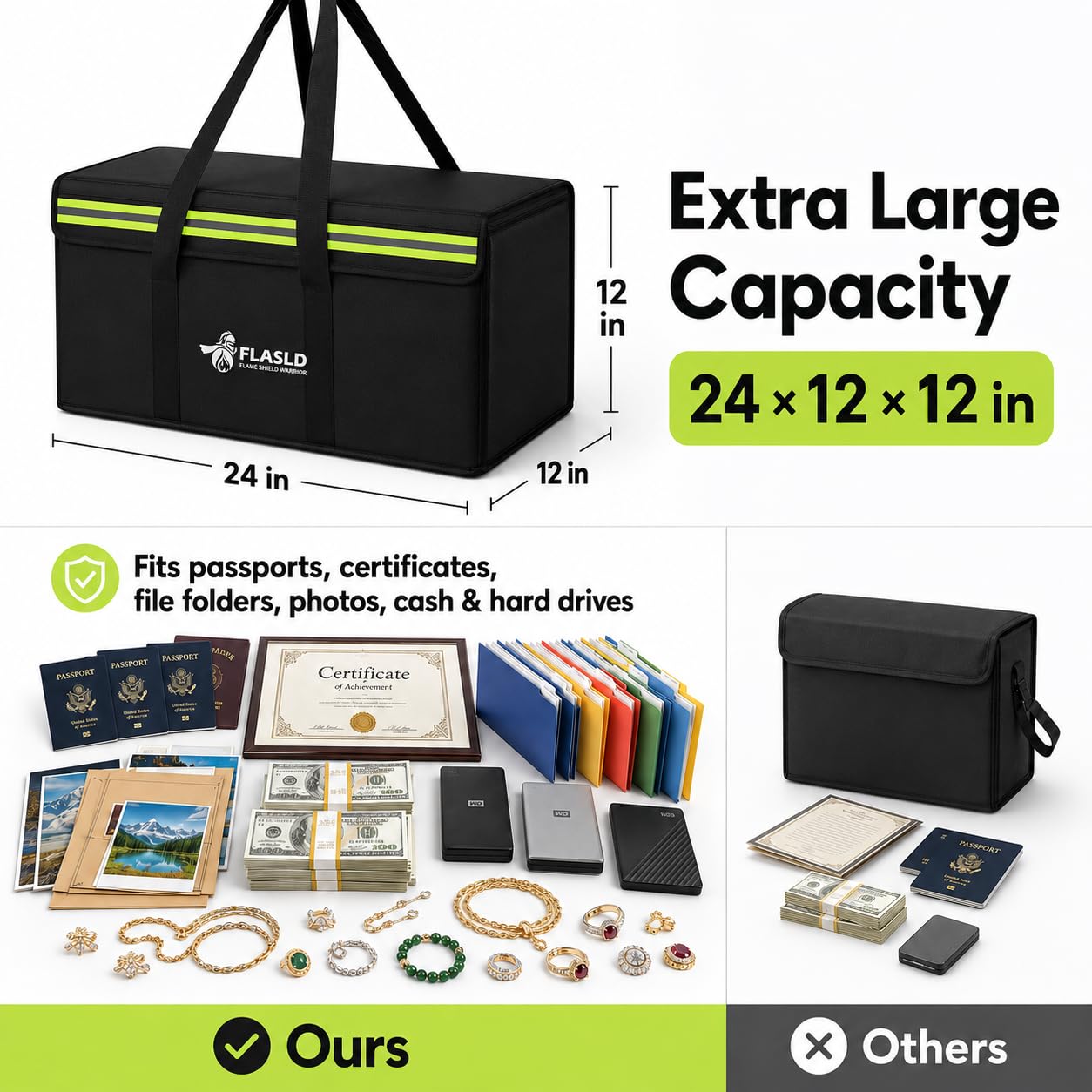 FLASLD Large Fireproof Document Bags, 24x12x12” Waterproof Storage Firesafe Bag, Fireproof Folder Safe Box for Cash, Valuables & Passport, Silicone Coating & Zipper Closure