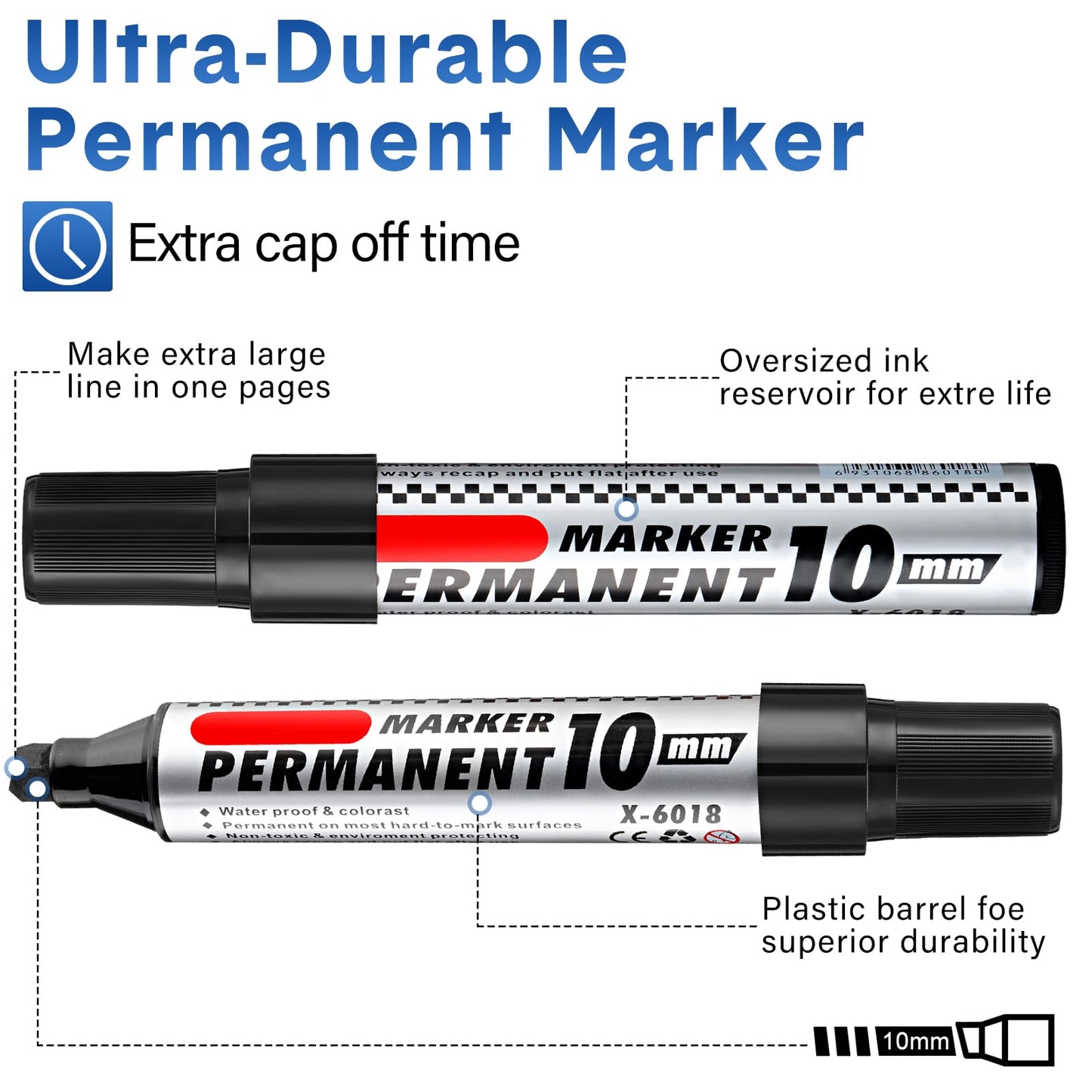 Thenshop 60 Pcs Jumbo Permanent Markers Bulk 10mm Chisel Tip Black Thick Permanent Markers Set Waterproof Jumbo Marker for Industrial Use Work on Wood Metal Glass Window Car Glass Paint Pen