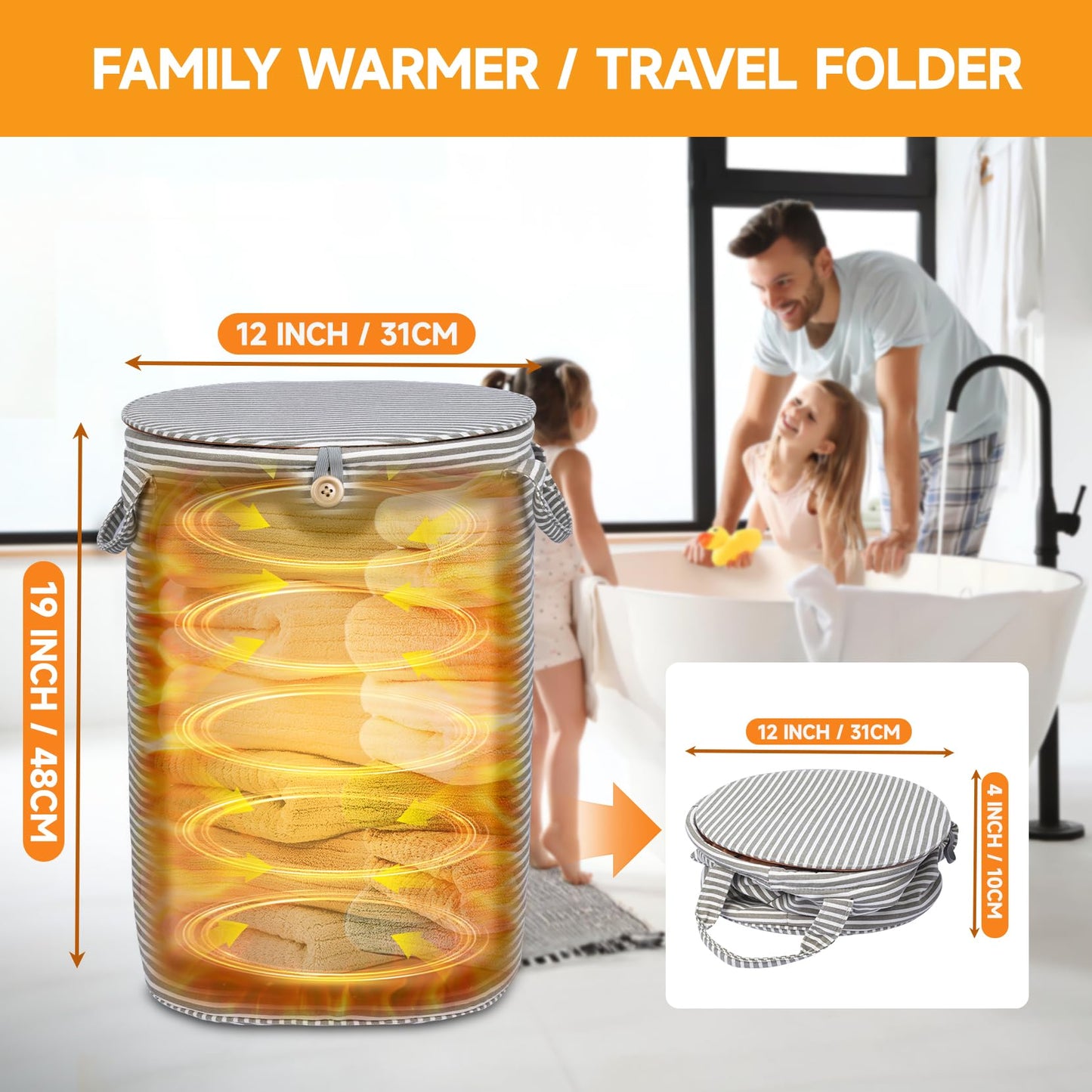 38L Foldable Towel Warmer Bucket,Heated Towel Warmers for Bathroom,Travel & Outdoors, 4 Heat Settings, Auto Shut Off,360° Ring Heating,Waterproof Fabric,Fits Oversized Towels, Robes, Blankets