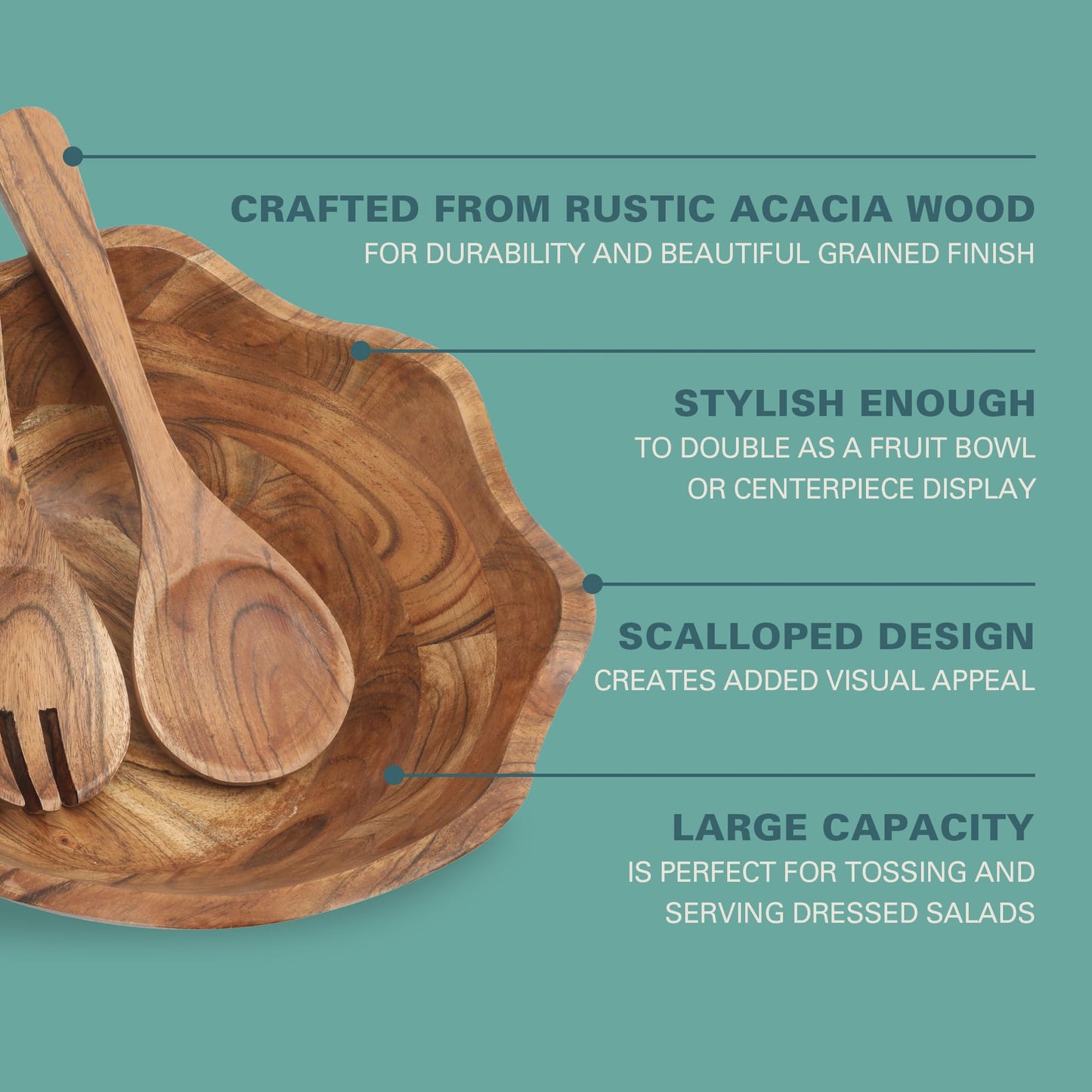 Gibson Home Sandhurst 3-Piece Acacia Wood Salad Bowl Set – 12-Inch Scalloped Serving Bowl with Wooden Salad Servers – Natural Rustic Finish for Dining, Entertaining, or Gifting