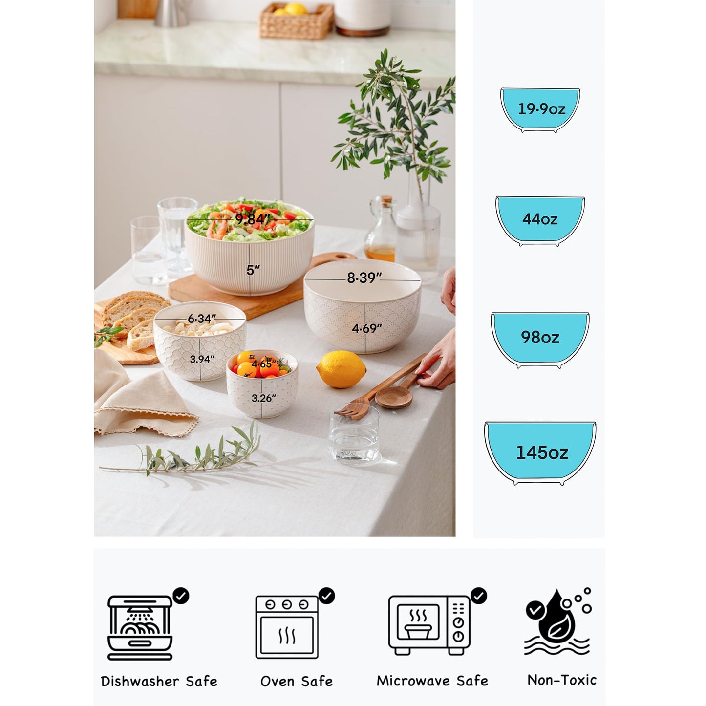 Mikiegy Ceramic Mixing Bowls Set of 4, Nesting Ceramic Embossment Stoneware Mixing Bowls for Cooking, Serving, Popcorn, Salad etc, Microwave & Dishwasher Safe, 20/44/98/145 oz, Off-White