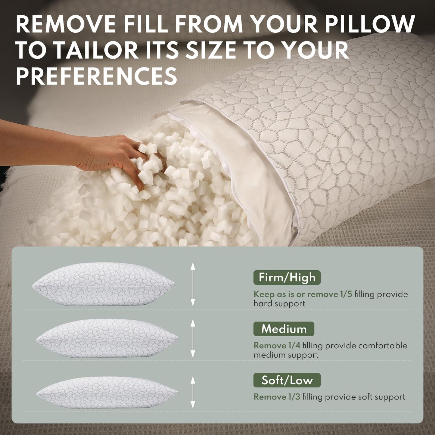 HEYCUZI Pillows Queen Size Set of 2 - Cooling Shredded Memory Foam Pillow for Sleeping 2 Pack, Adjustable Cool Bed Pillows for Side, Back, and Stomach Sleepers, Gel Pillow Washable Removable Cover