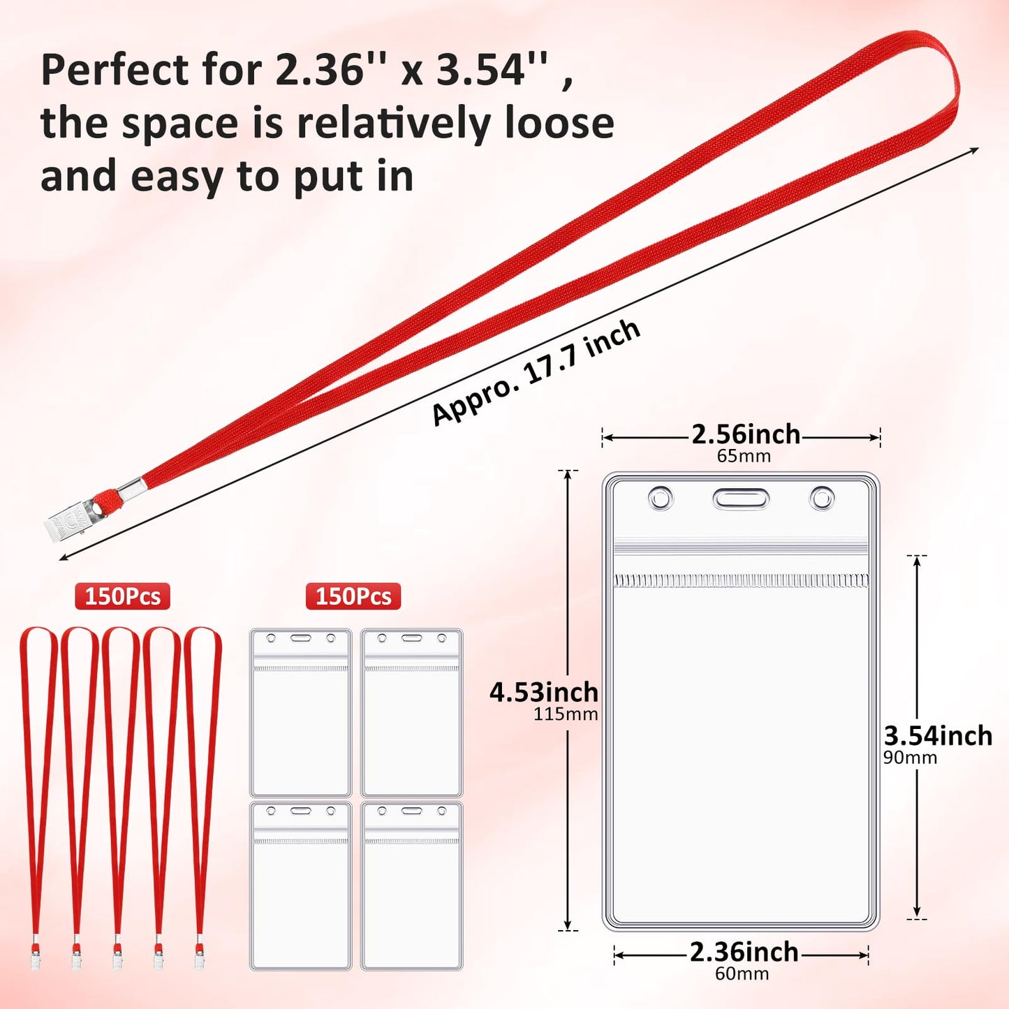 Marspark 300 Pcs ID Badge Holder with Lanyard Lanyards for ID Badges Resealable Flat Neck Name Tag with Clip Waterproof Plastic Clear Badges Bulk for School Office Supplies (Red)