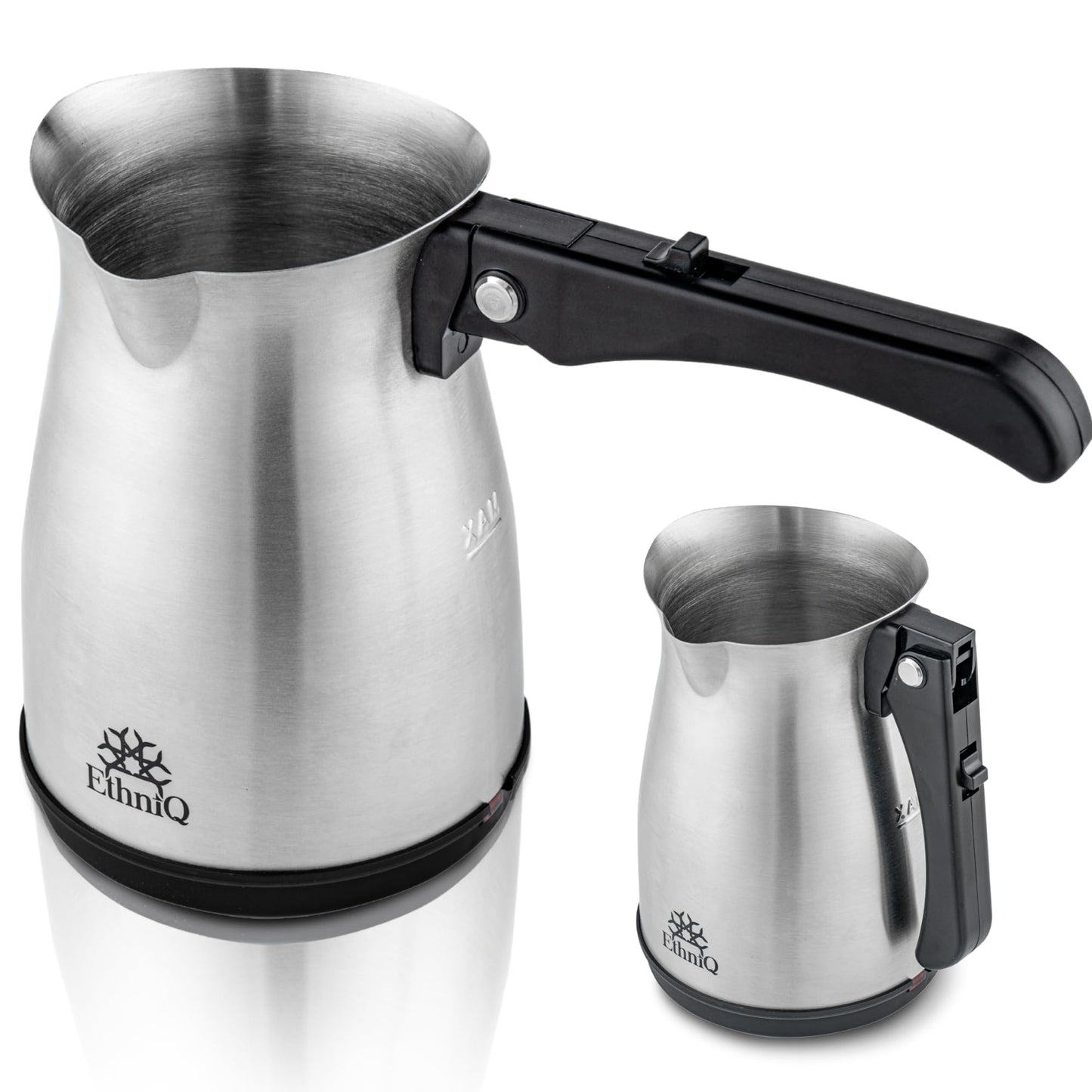 ETHNIQ Turkish Coffee Pot - Stainless Steel, 120V, 1 to 4 Cup Capacity, Fast Brewing, Delicious Cup of Turkish, Arabic & Greek Coffee Maker with Foldable Handle for Home & Travel & on-off Button