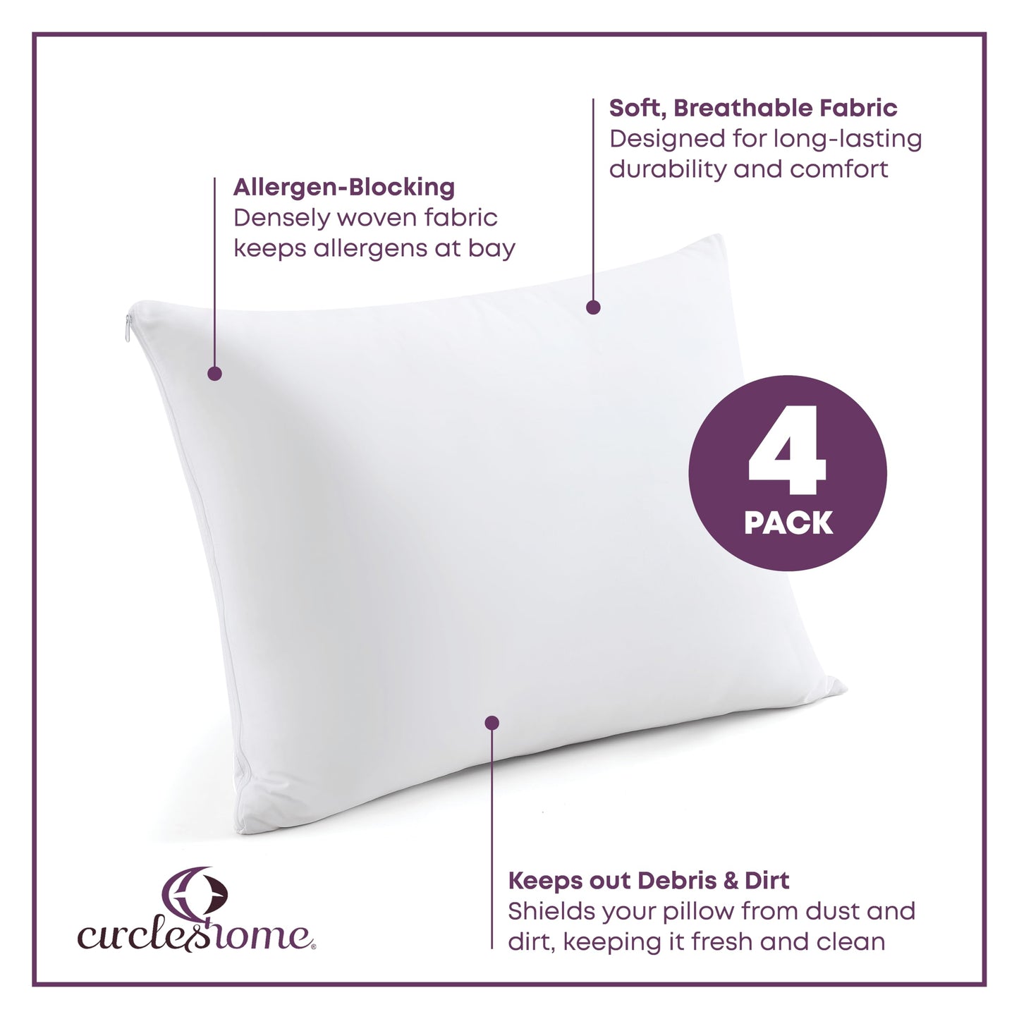 CirclesHome Pillow Protectors 4 Pack Standard Zippered - 100% Cotton Breathable Pillowcases - Protects Pillows from Dirt, Dust and Debri (Standard - Set of 4 - 20x26)