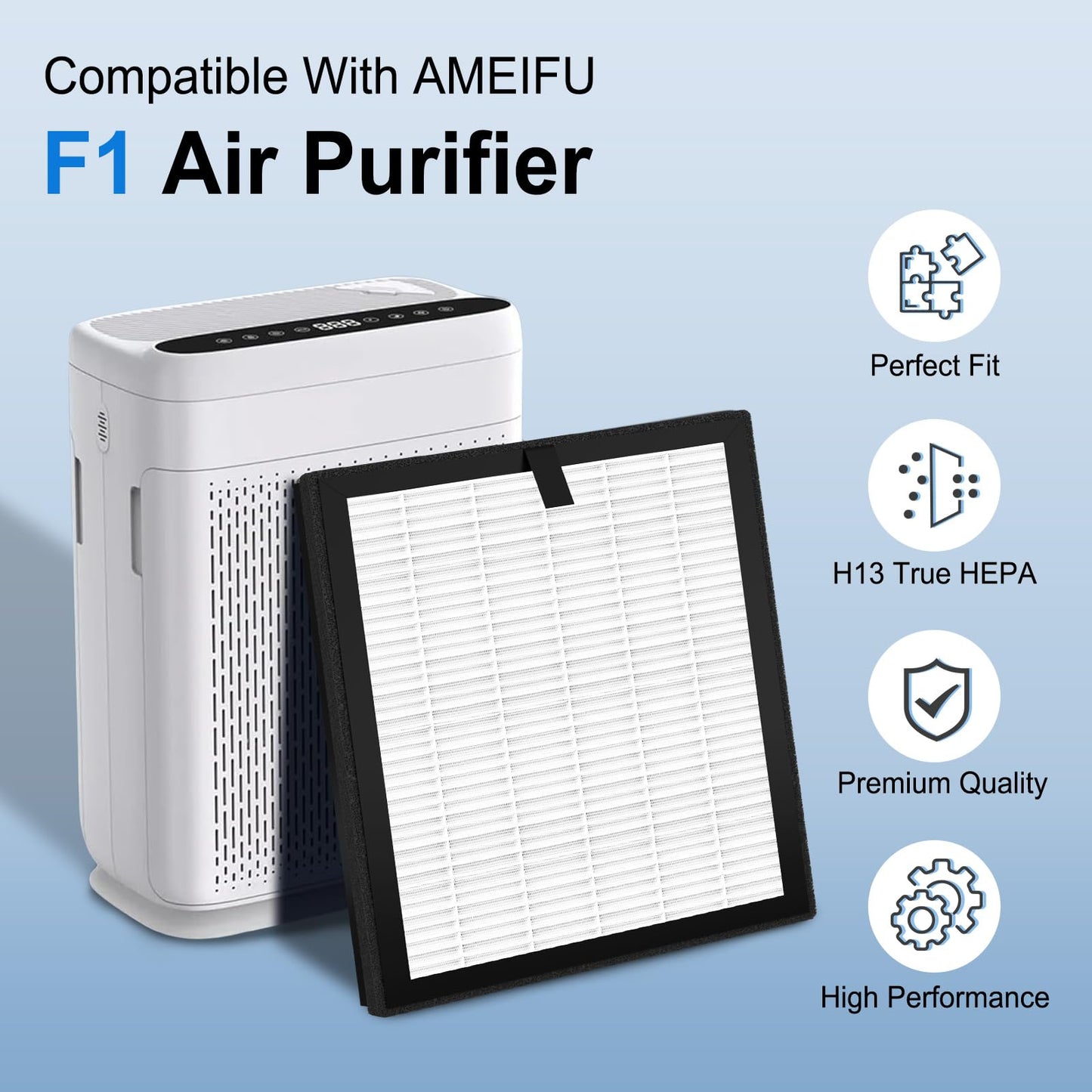 F1 Replacement Filter Comaptible with AMEIFU F1 Air Pu-rifier, Double-Sided Air Filter Purifi-er for Home Large Room, H13 True HEPA and Activated Carbon Filter for Bedroom, Pet, Wildfire Smoke, 2 Pack