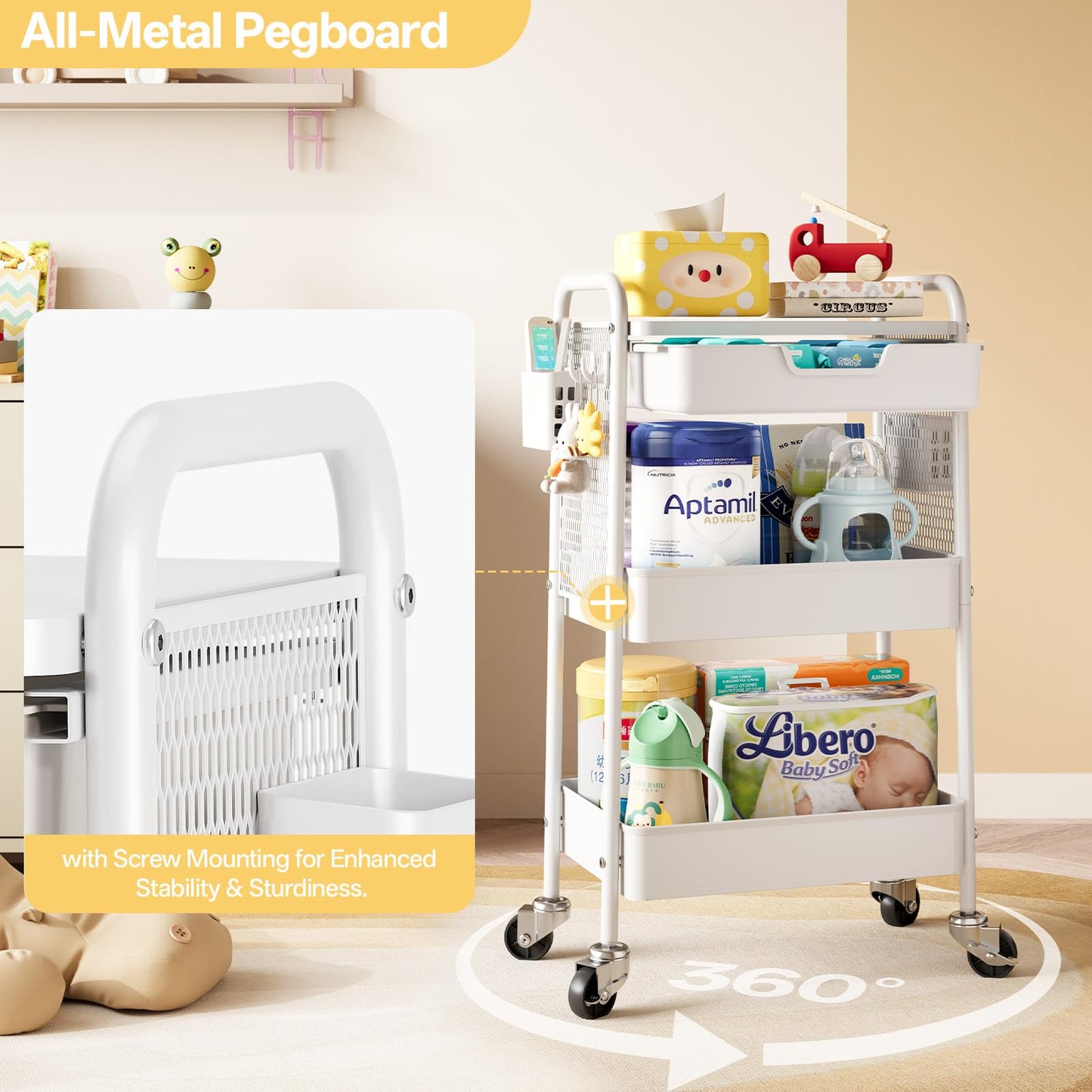3 Tier Metal Rolling Utility Cart with Drawer & Pegboard - Multifunctional Storage Cart on Wheels with Tabletop, Hooks & Basket, Sturdy Craft & Art Cart for Bathroom, Bedroom, Children Room, White