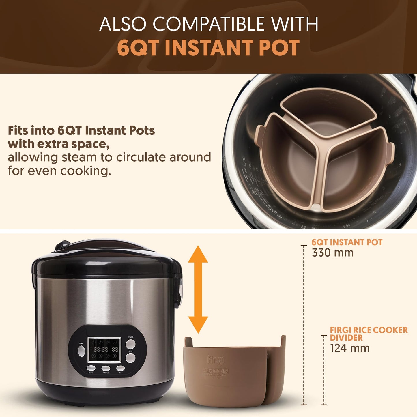 Firgi Silicone Rice Cooker Divider, Triple Slow Cooker Liner for Instant Pot 6 Quart & Rice Cooker 3 Cups (Uncooked), Food-Grade Silicone Dividers, Cook 3 Meals at Once, Reusable & Dishwasher-Safe